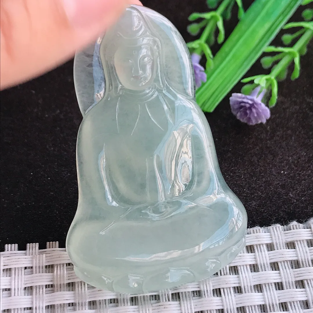 天然a货翡翠56/36.6/5.8老坑冰胶水灵冰晴素衣观音吊坠翡翠玉挂件