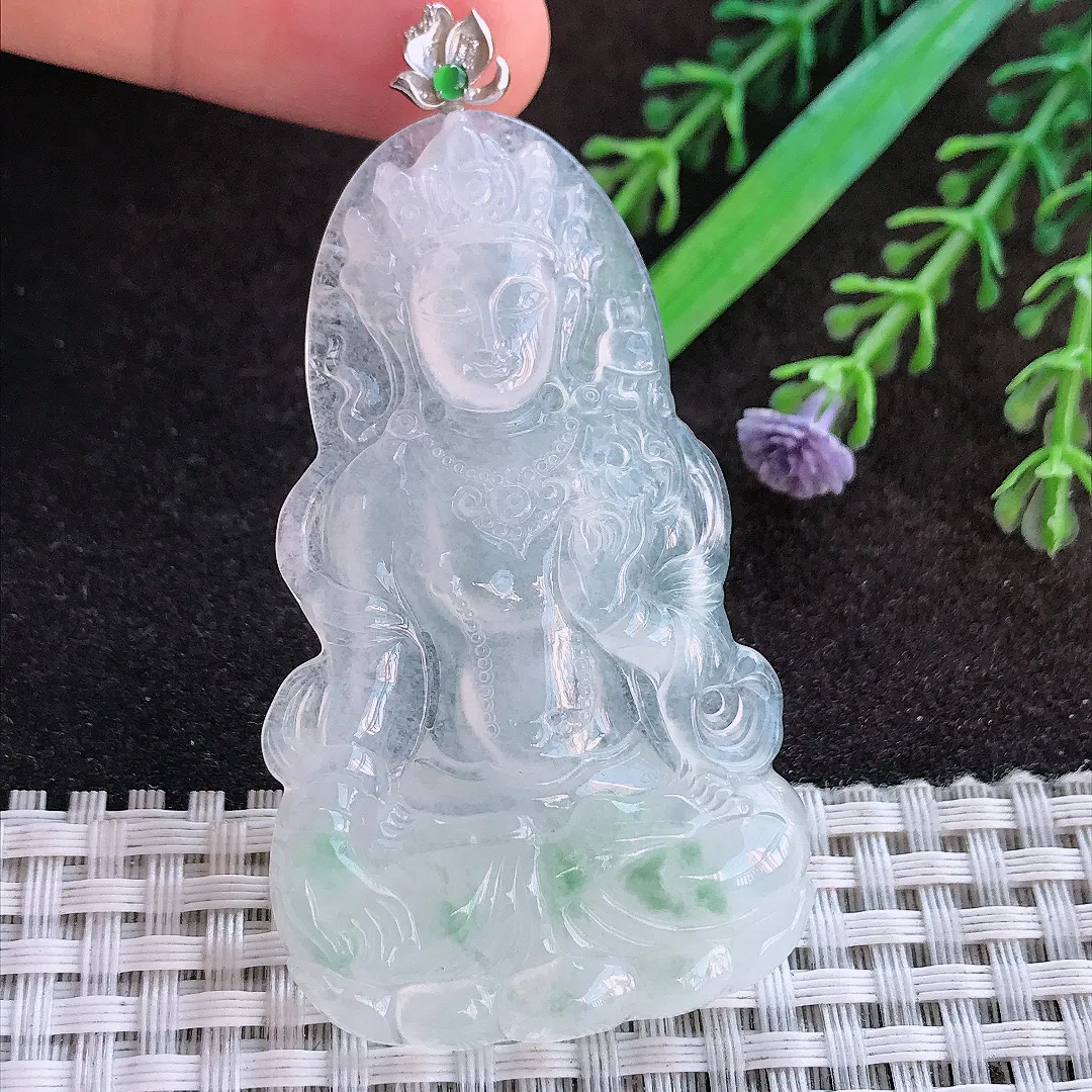 天然a货翡翠61.6/36.2/5.2老坑18k金镶嵌冰种起光渡母菩萨吊坠翡翠玉挂件