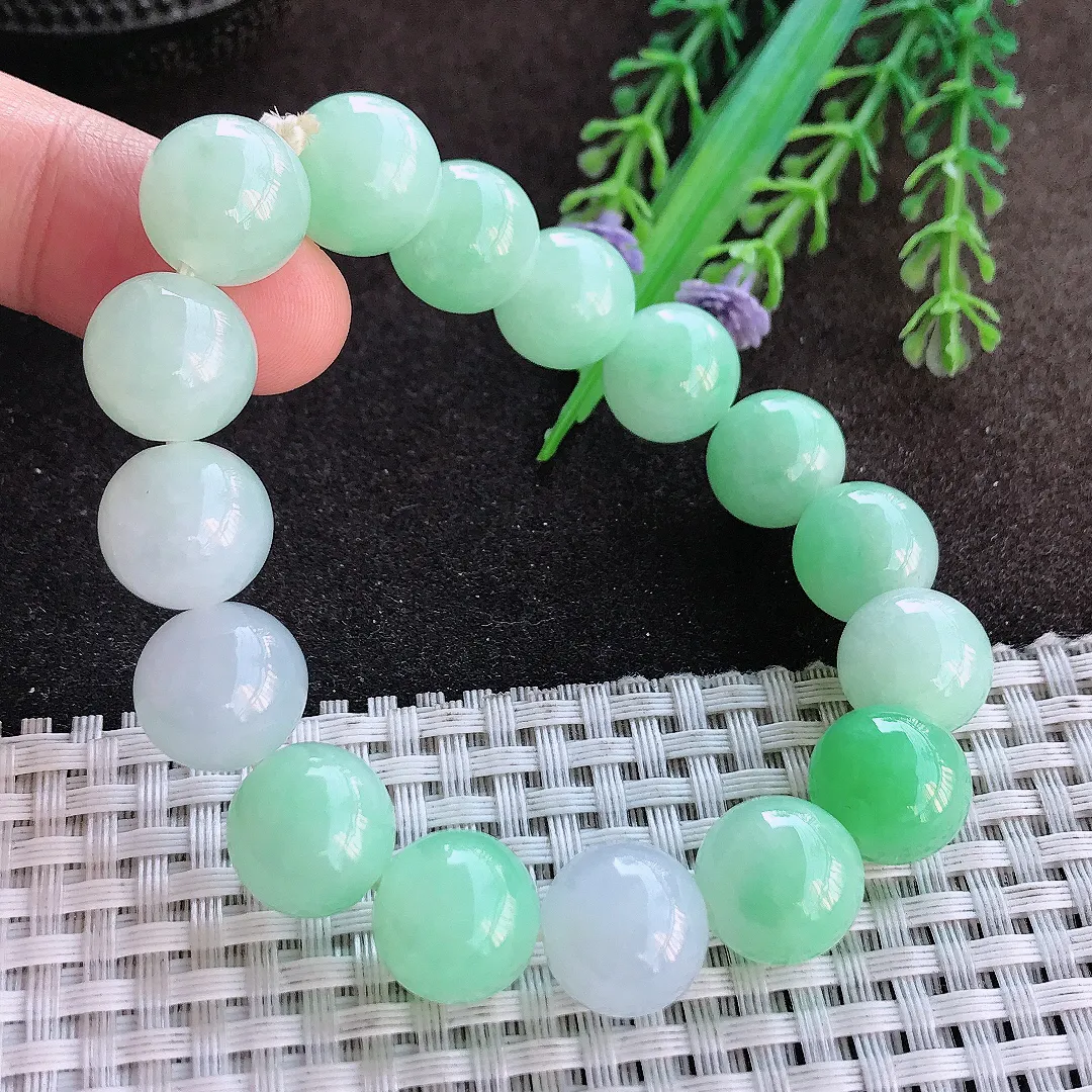 天然a货翡翠12.8/16颗老坑冰润水灵甜绿色圆珠手链翡翠玉珠手串