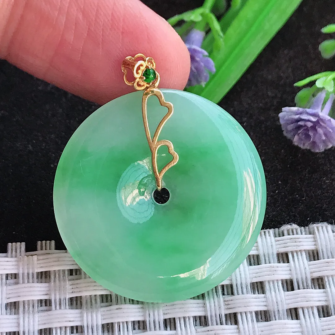 天然a货翡翠28.6/3.9老坑18k金镶嵌冰胶苹果绿平安扣吊坠翡翠玉挂件