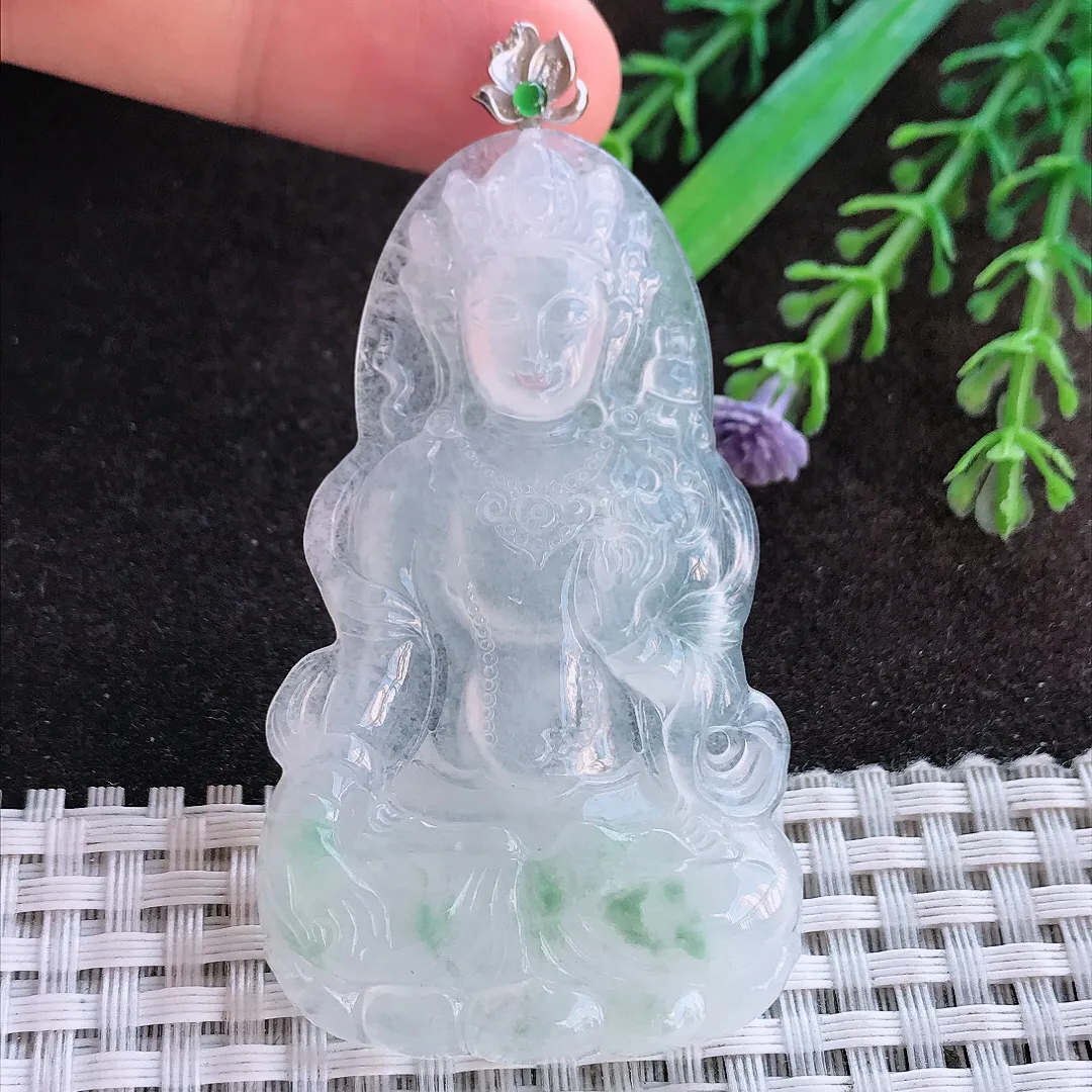 天然a货翡翠61.6/36.2/5.2老坑18k金镶嵌冰种起光渡母菩萨吊坠翡翠玉挂件