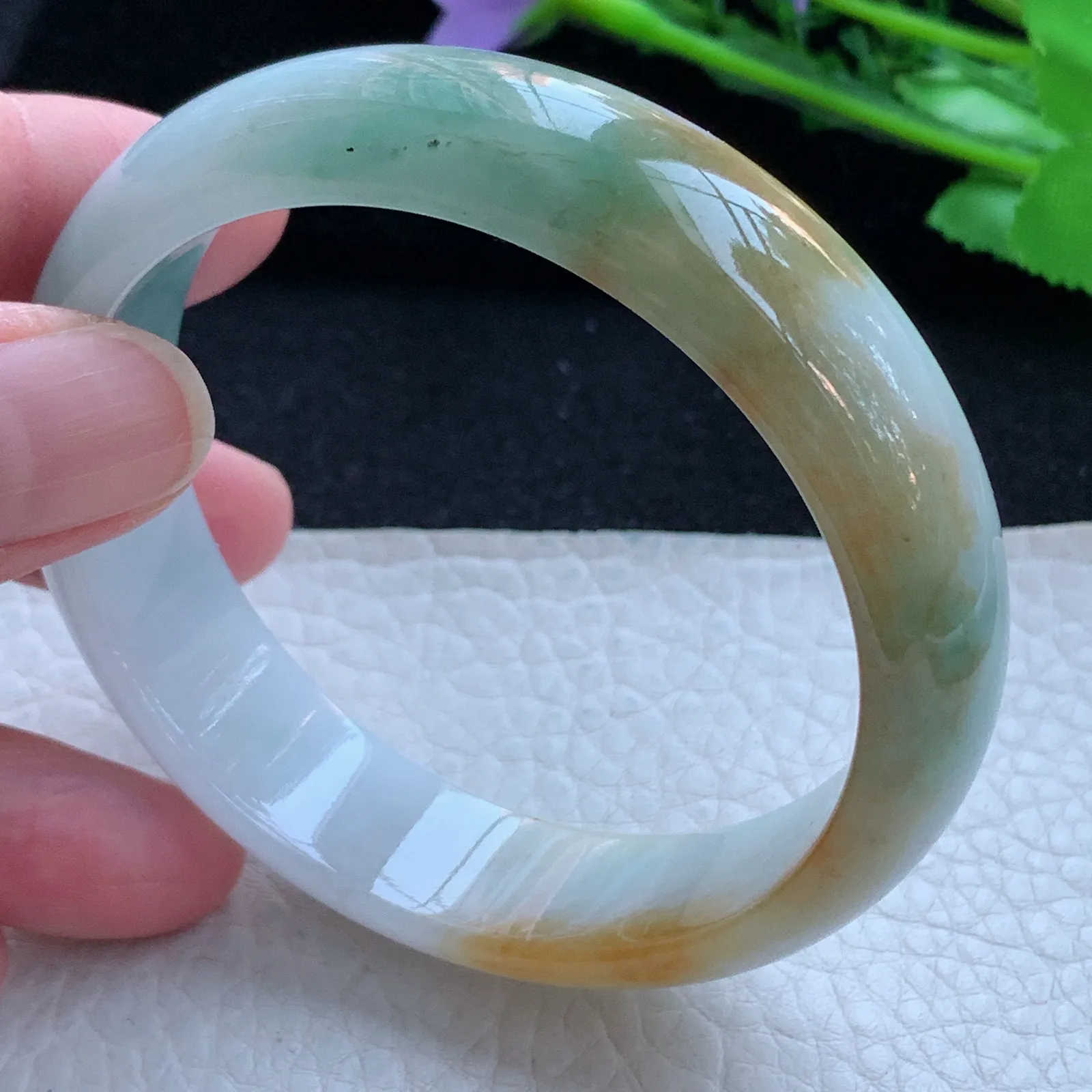 h自然光58*15.2*7轮胎镯 缅甸翡翠a货玉手镯冰三彩宽边玉手环