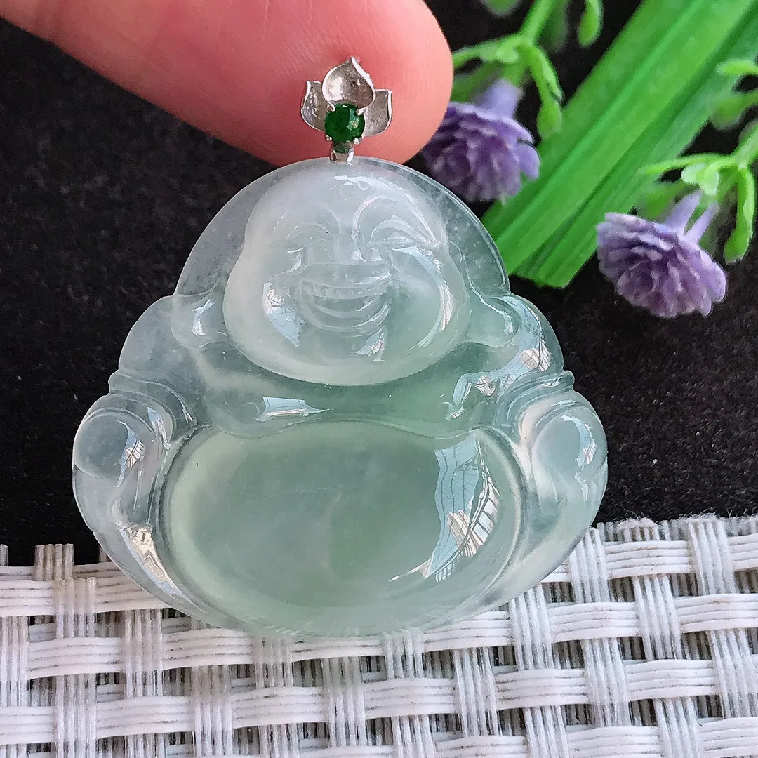 天然a货翡翠30.5/33.6/5.9老坑18k金镶嵌冰种起胶冰晴绿佛公吊坠翡翠玉挂件