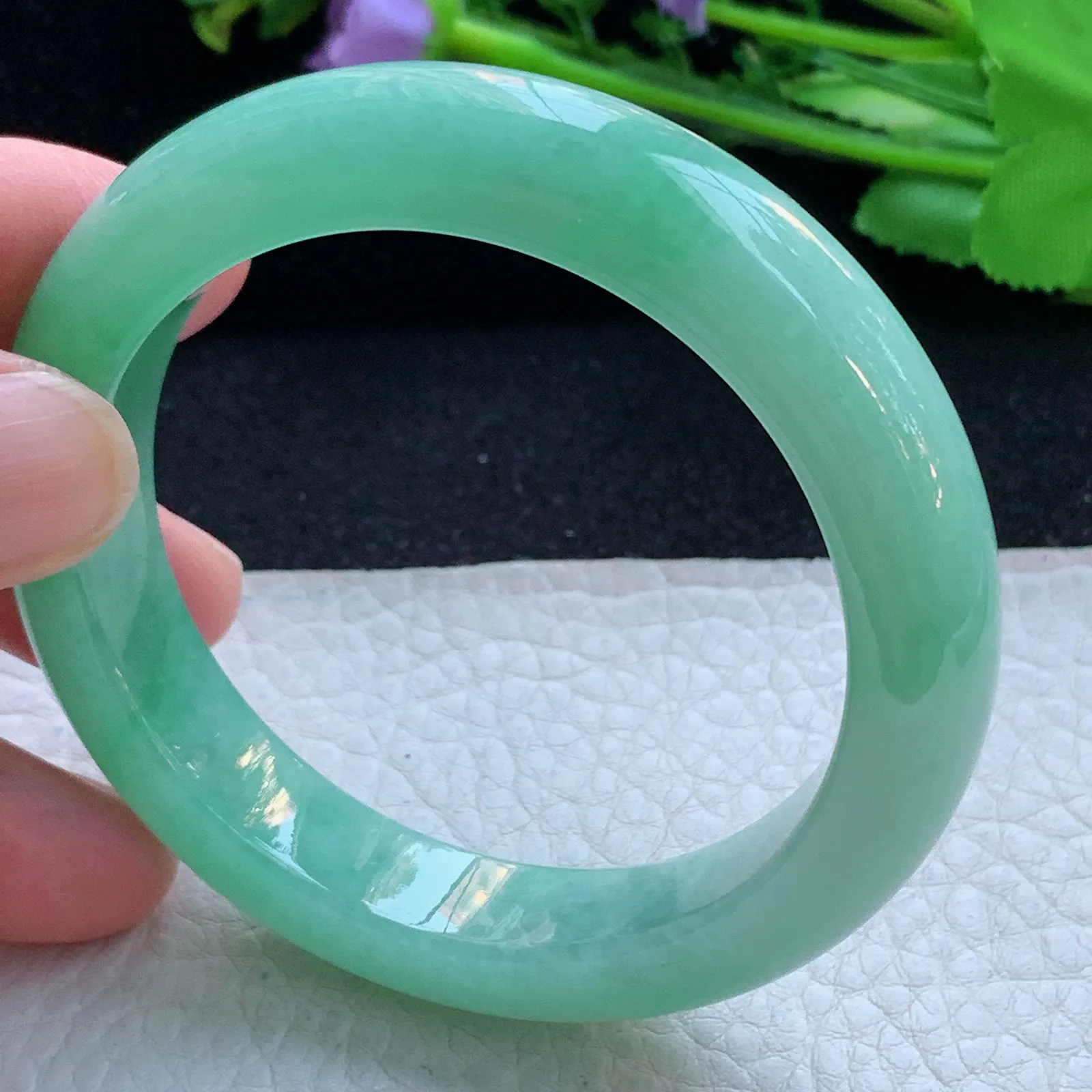 js自然光53.5*12*9.5平安镯 缅甸翡翠a货玉手镯冰阳宽边玉手环