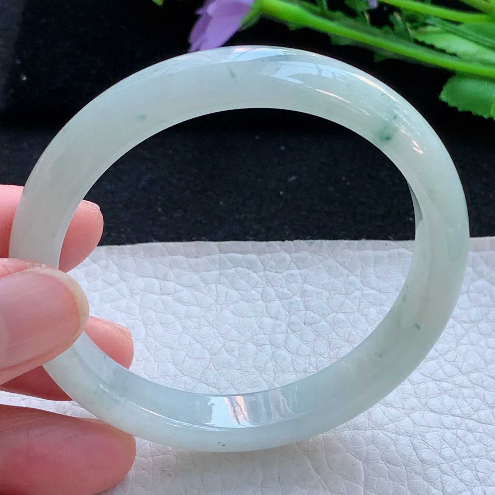 xx自然光56*10.6*7.3平安镯 缅甸翡翠a货玉手镯冰飘花宽边玉手环