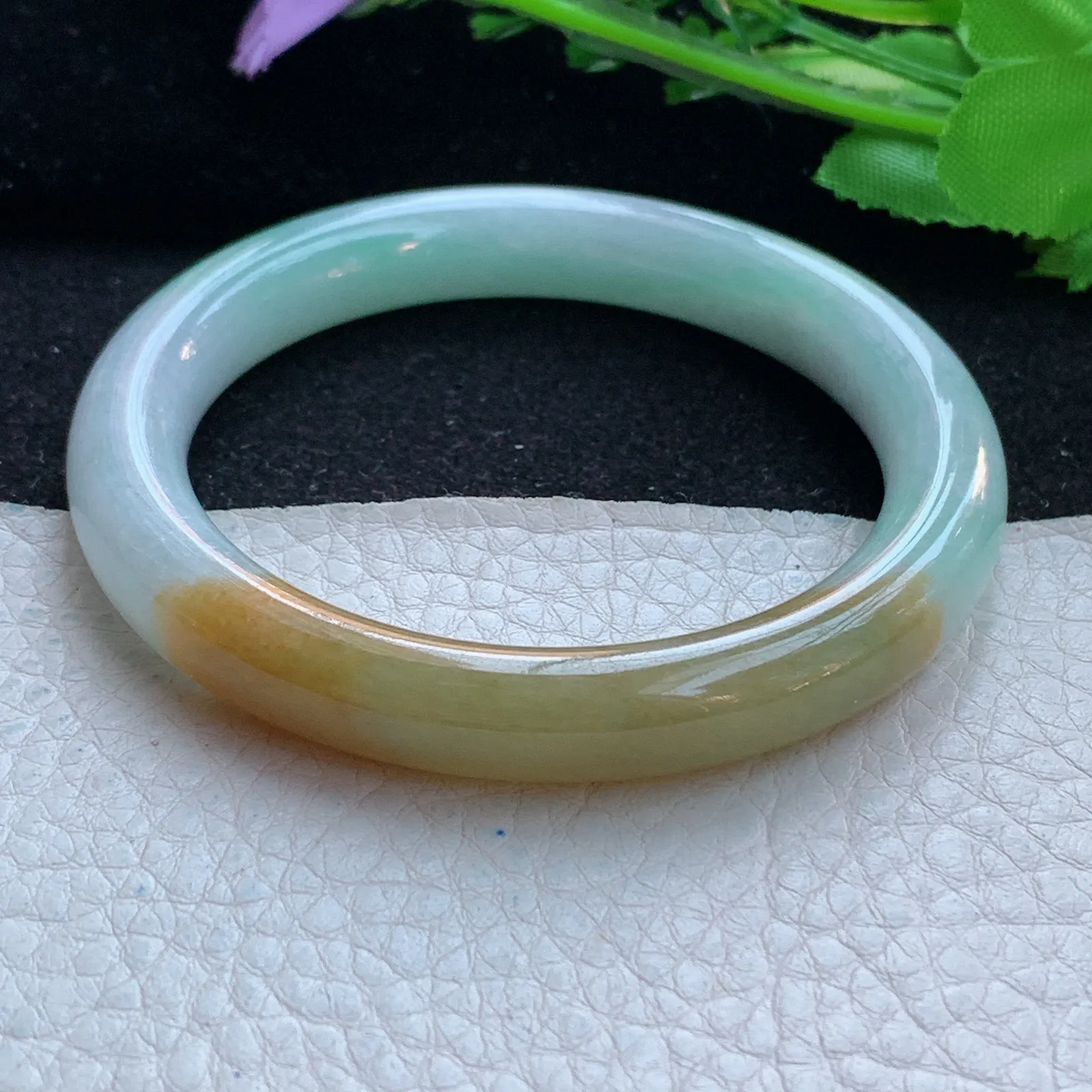 mq自然光54.5*9.5*9美人镯 缅甸翡翠a货玉手镯三彩圆条珠宝玉手环