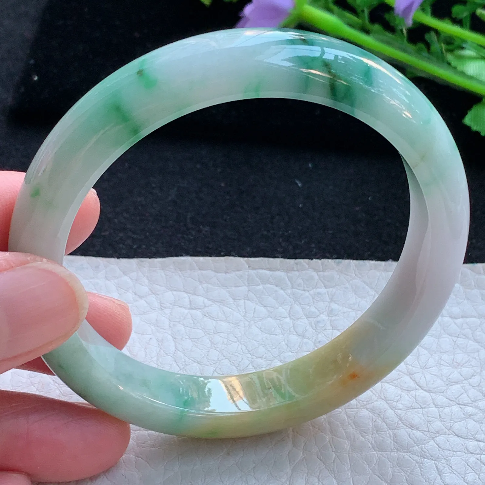 h自然光57.5*12*8平安镯 缅甸翡翠a货玉手镯三彩宽边玉手环