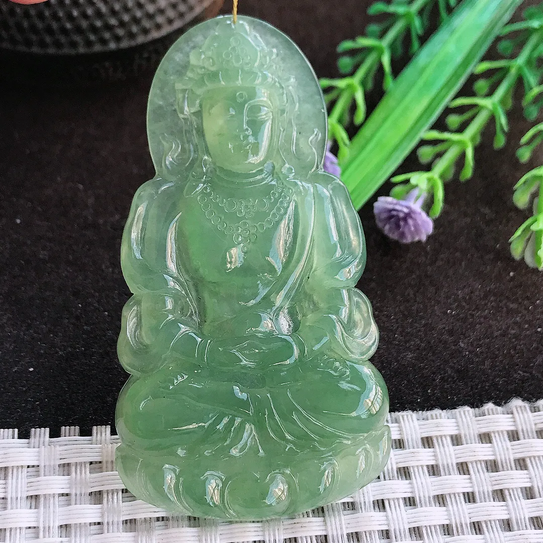 天然a货翡翠66/36.3/5.2老坑冰种果冻胶冰晴满绿渡母菩萨吊坠翡翠玉挂件