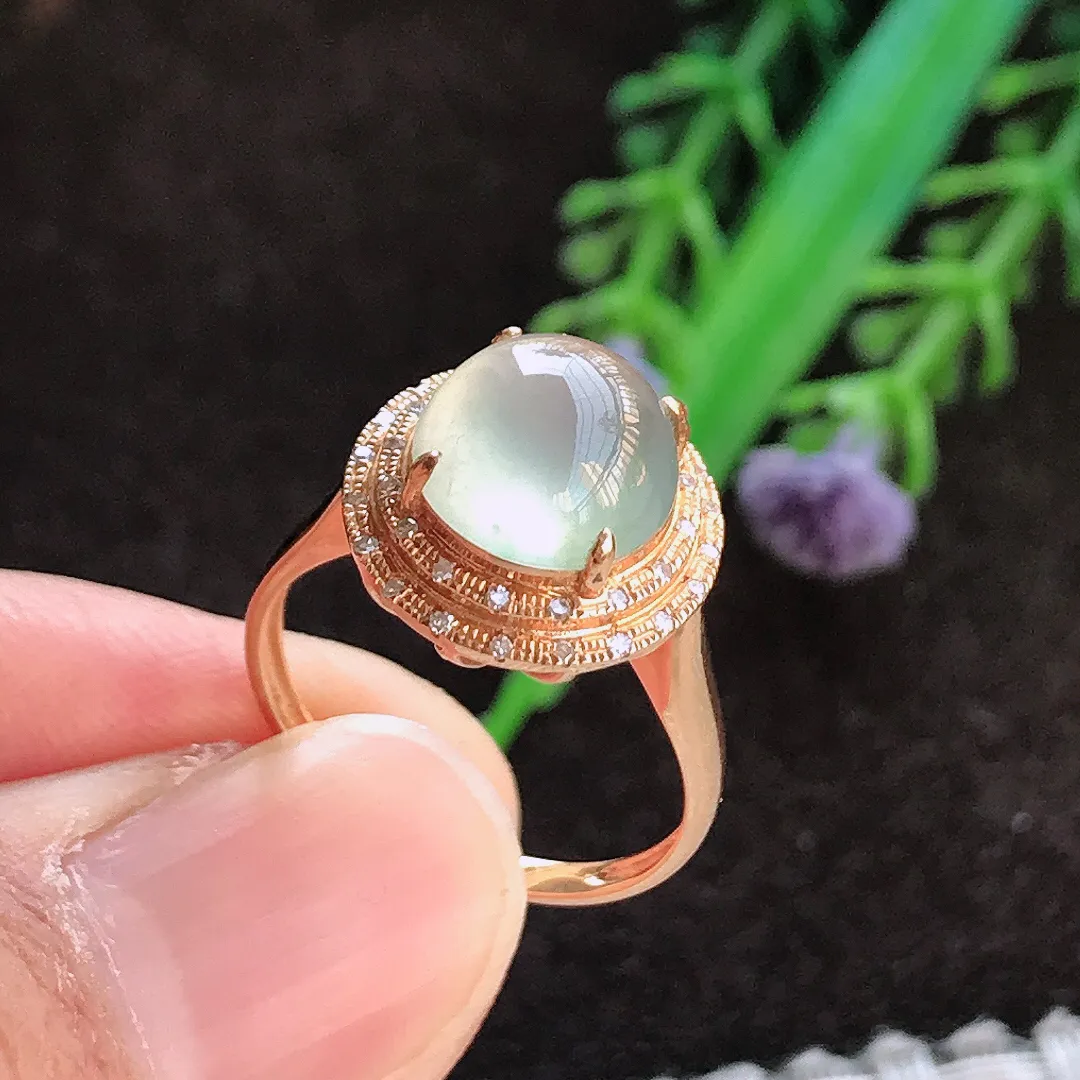 天然a货翡翠17.1/14/9.5老坑18k金镶嵌冰种起光戒指女款翡翠玉女戒