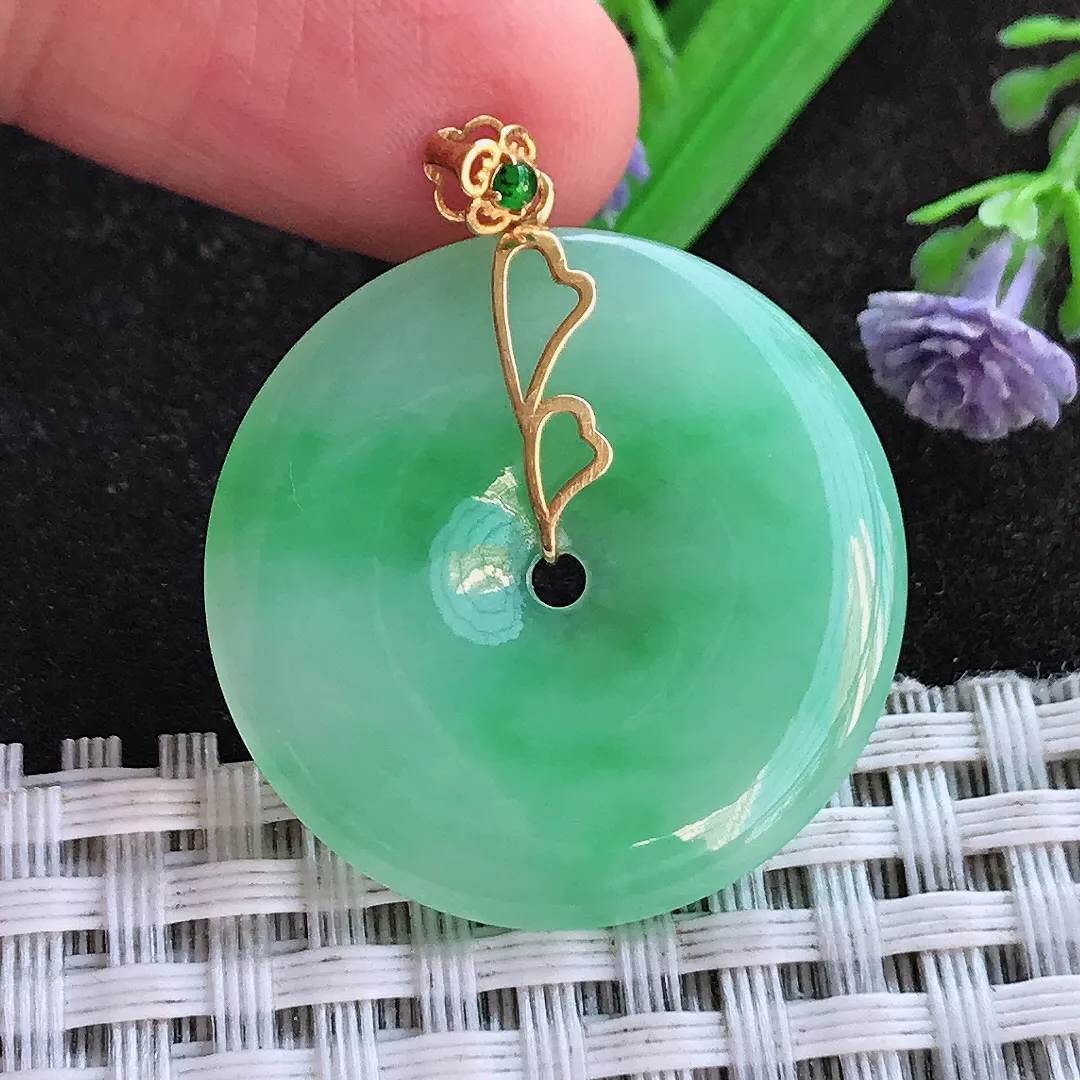 天然a货翡翠28.6/3.9老坑18k金镶嵌冰胶苹果绿平安扣吊坠翡翠玉挂件