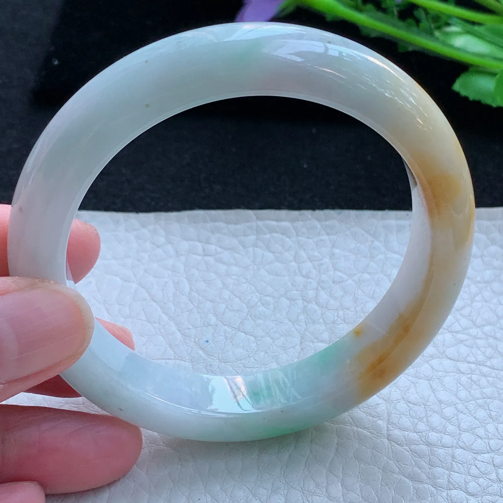 h自然光58*12.5*8.8平字镯 缅甸翡翠a货玉手镯三彩宽边玉手环