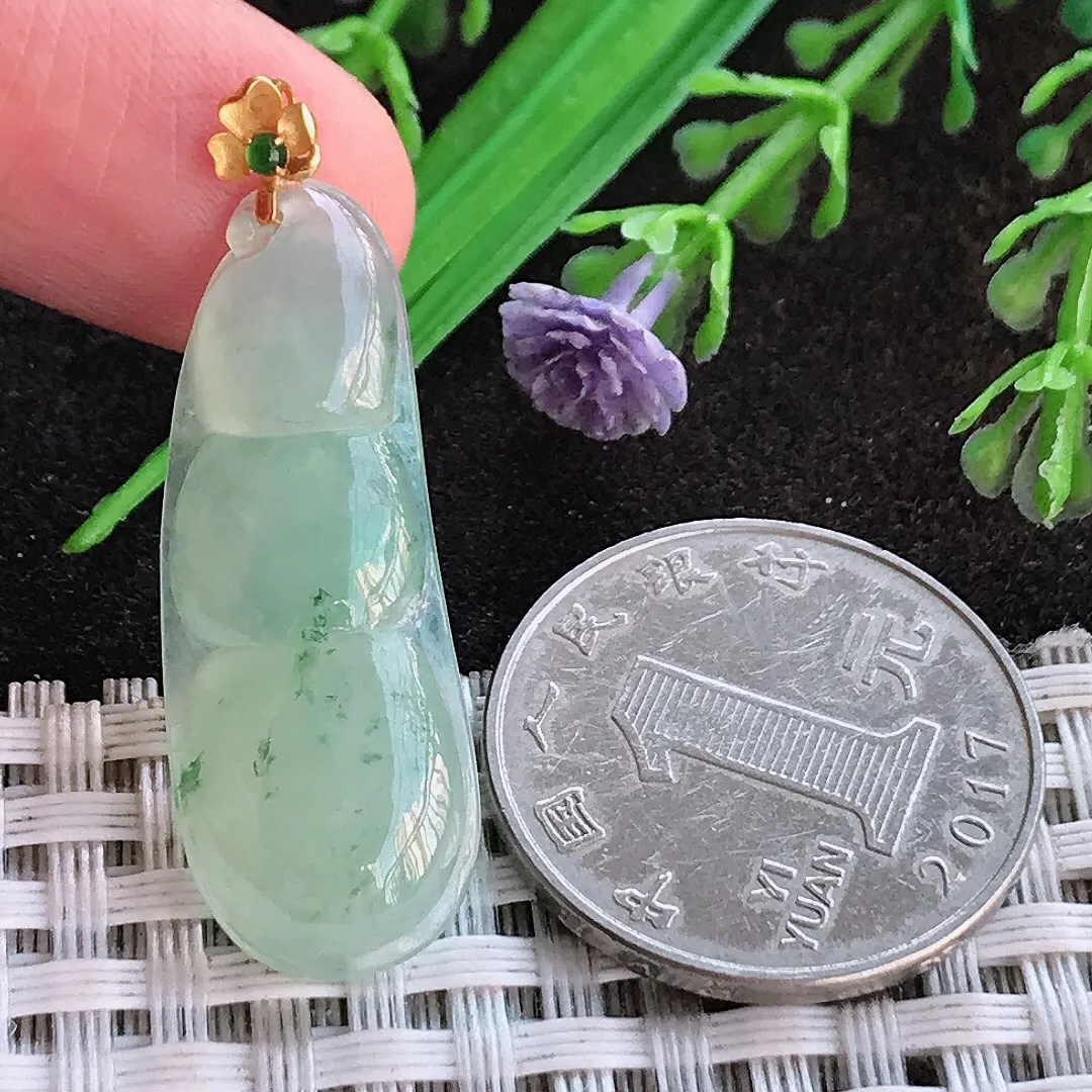 天然a货翡翠34.3/12.8/4.8老坑18k金镶嵌冰晴绿四季豆吊坠翡翠玉挂件