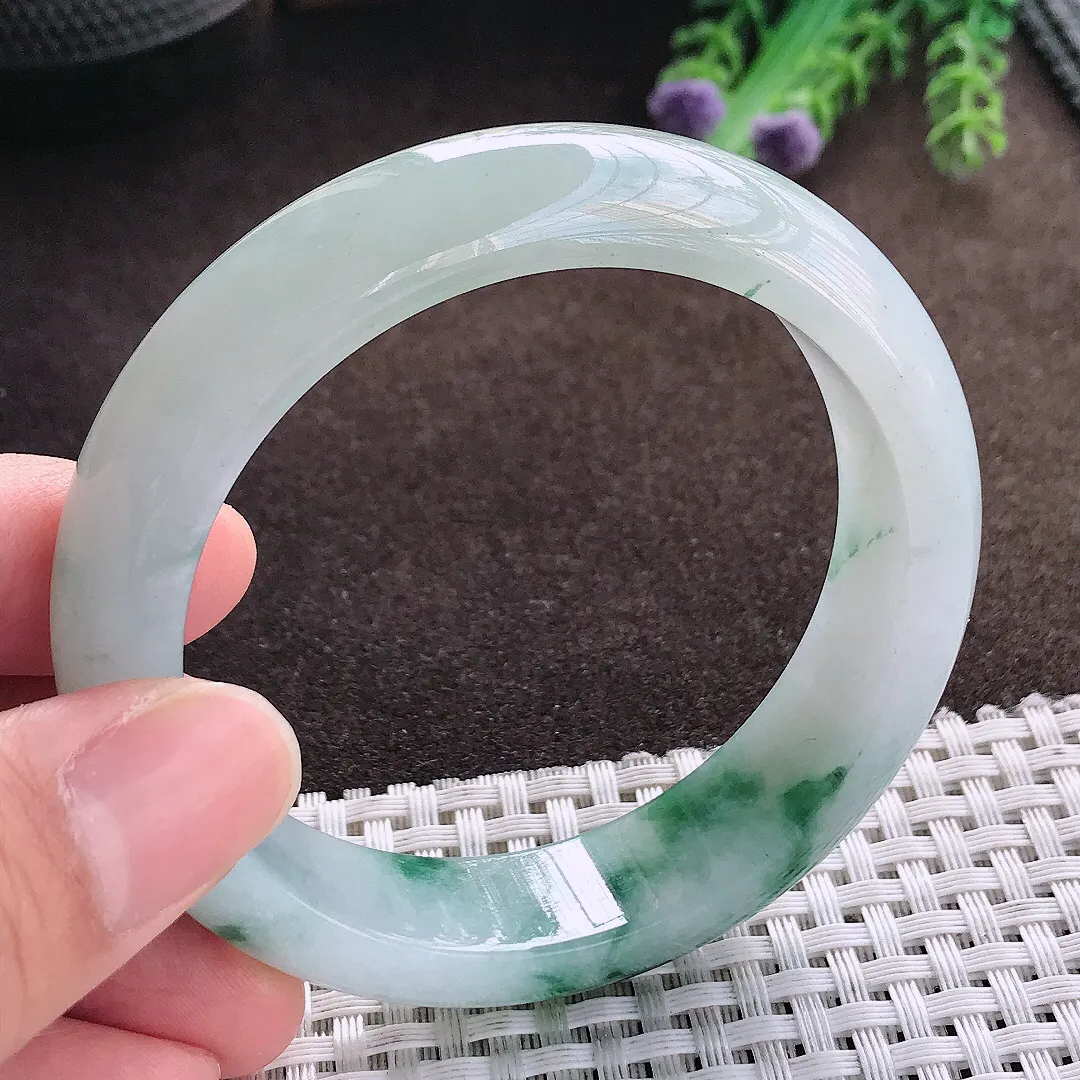 天然a货翡翠55.5/14.5/8.5老坑冰润水灵飘花手镯宽边玉手镯