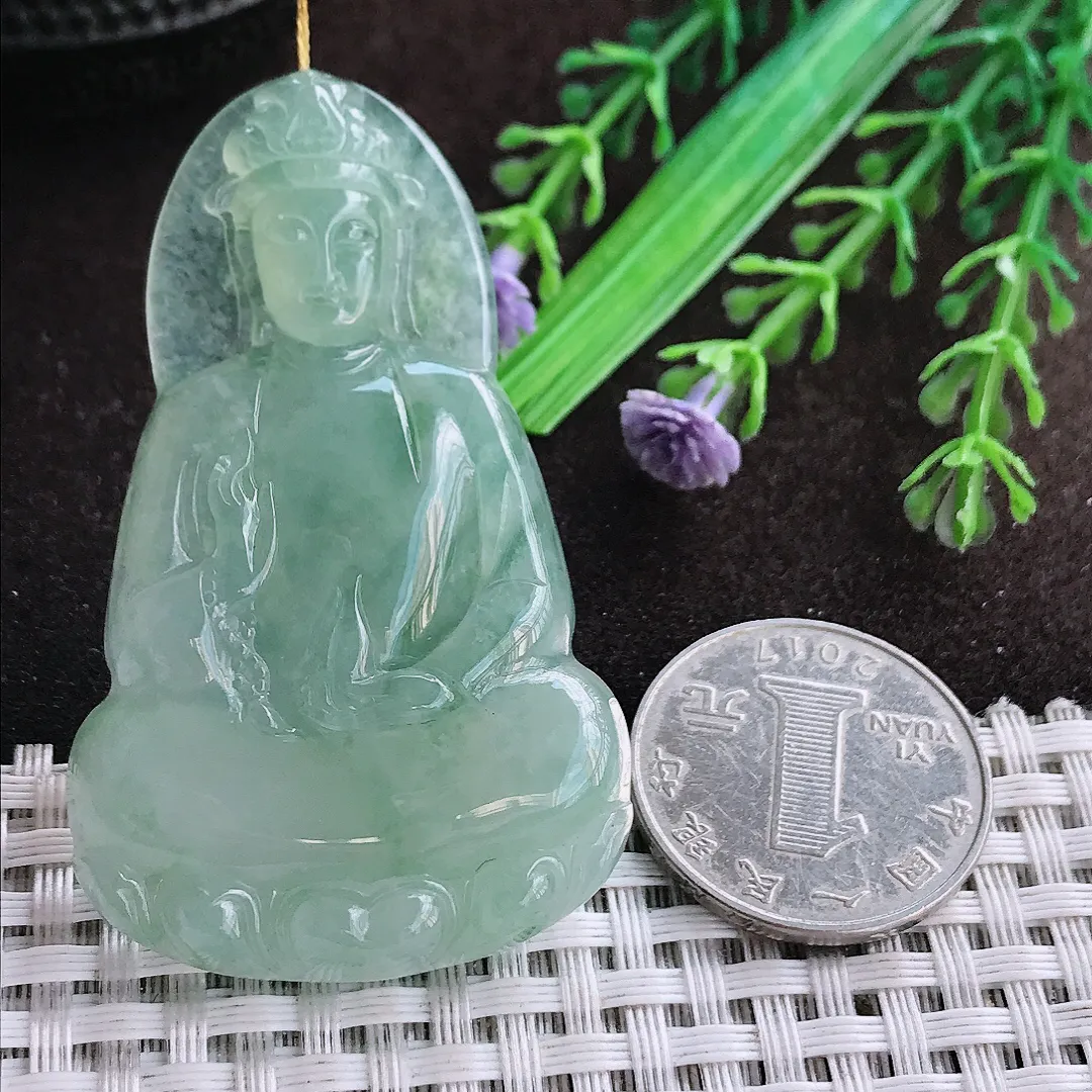 天然a货翡翠58.8/35.8/6.8老坑冰胶果冻冰晴绿素衣观音吊坠翡翠玉挂件