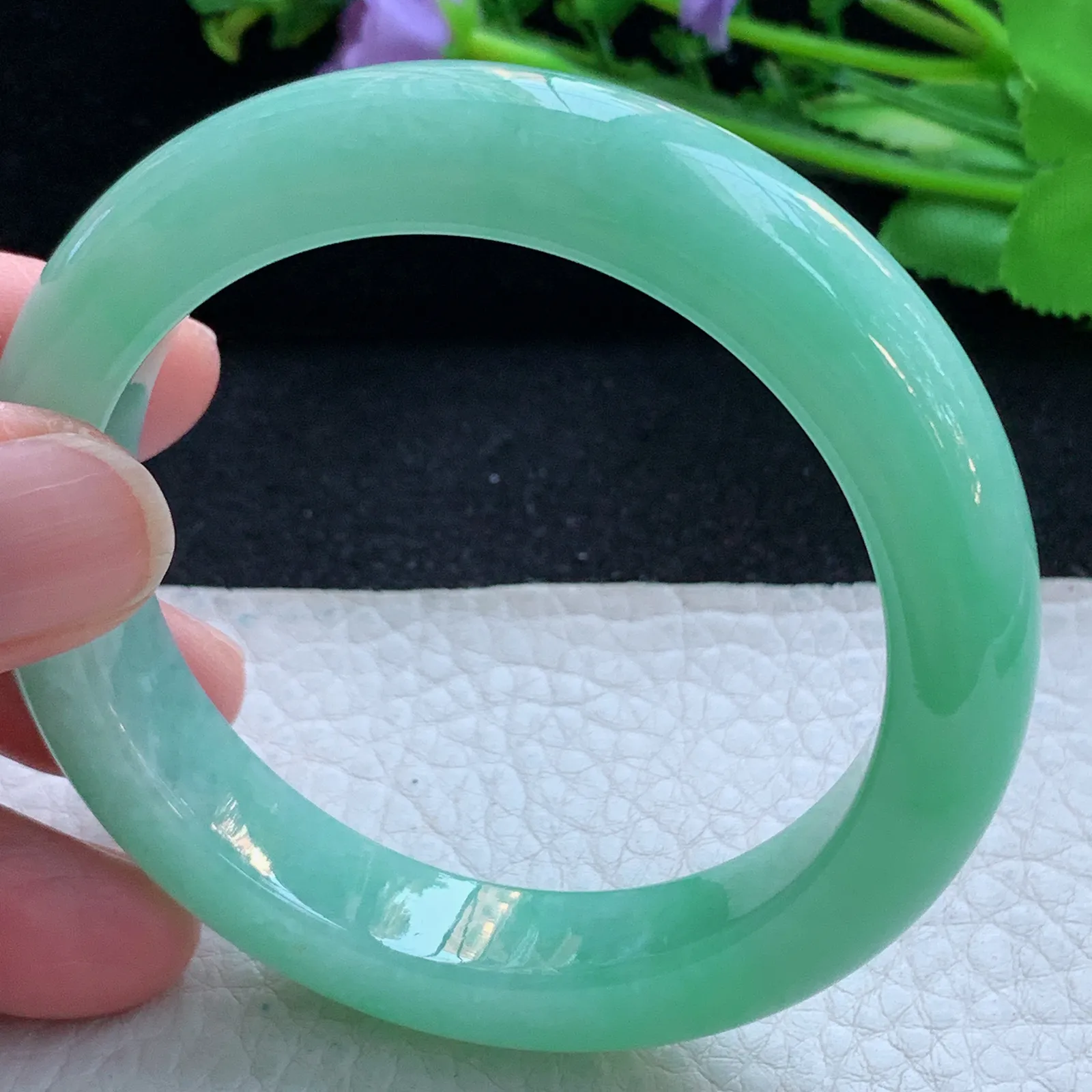 js自然光53.5*12*9.5平安镯 缅甸翡翠a货玉手镯冰阳宽边玉手环