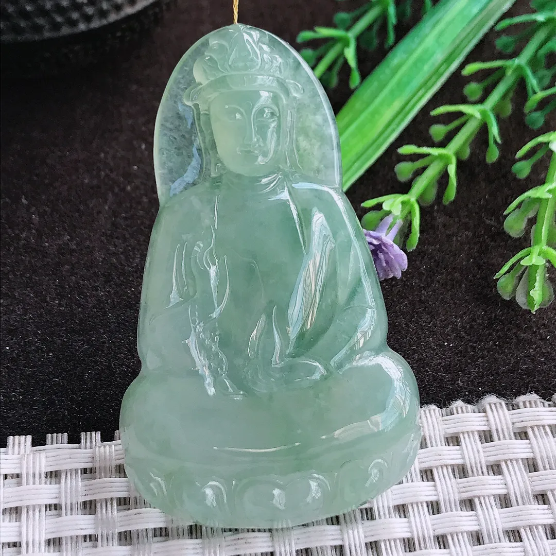 天然a货翡翠58.8/35.8/6.8老坑冰胶果冻冰晴绿素衣观音吊坠翡翠玉挂件