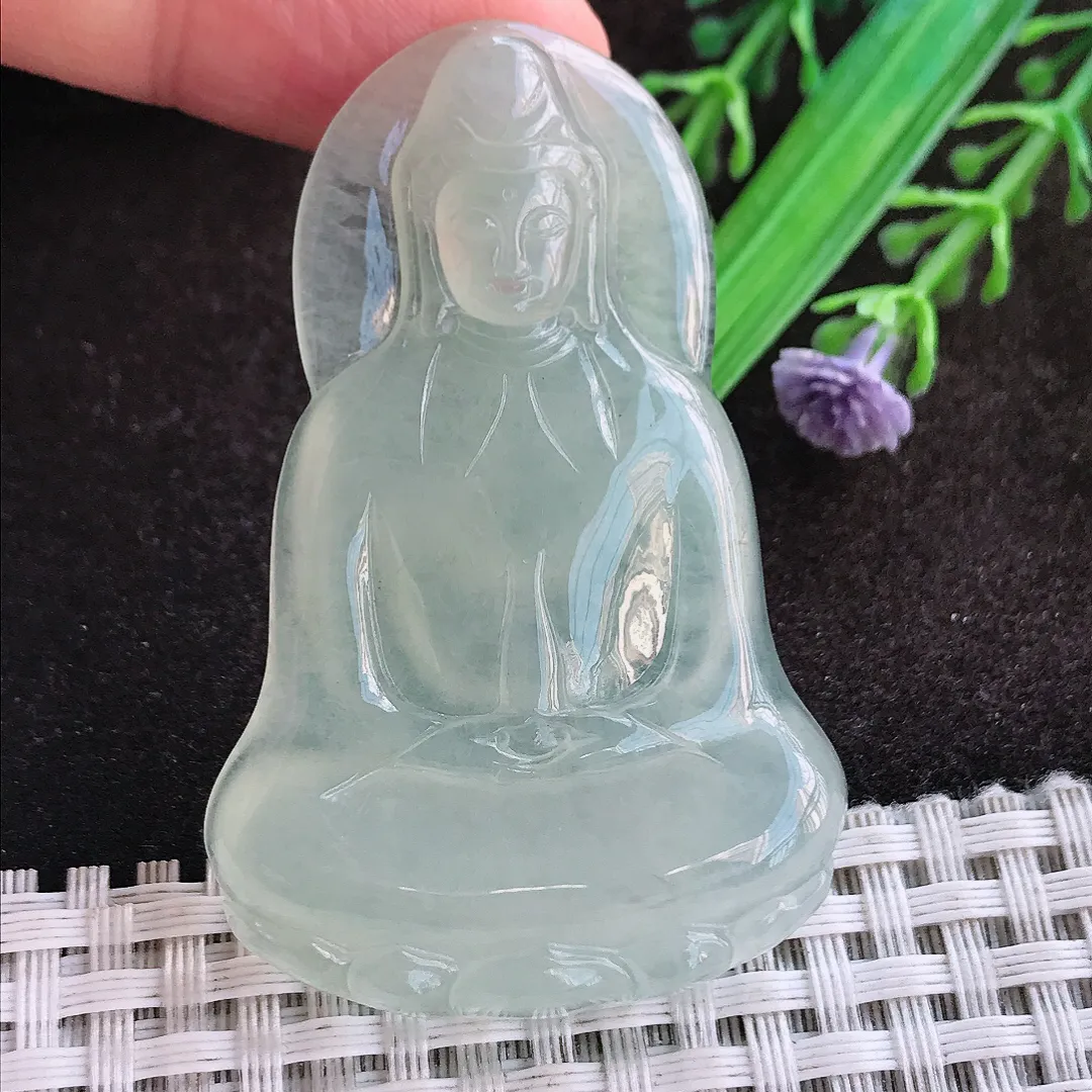 天然a货翡翠56/36.6/5.8老坑冰胶水灵冰晴素衣观音吊坠翡翠玉挂件