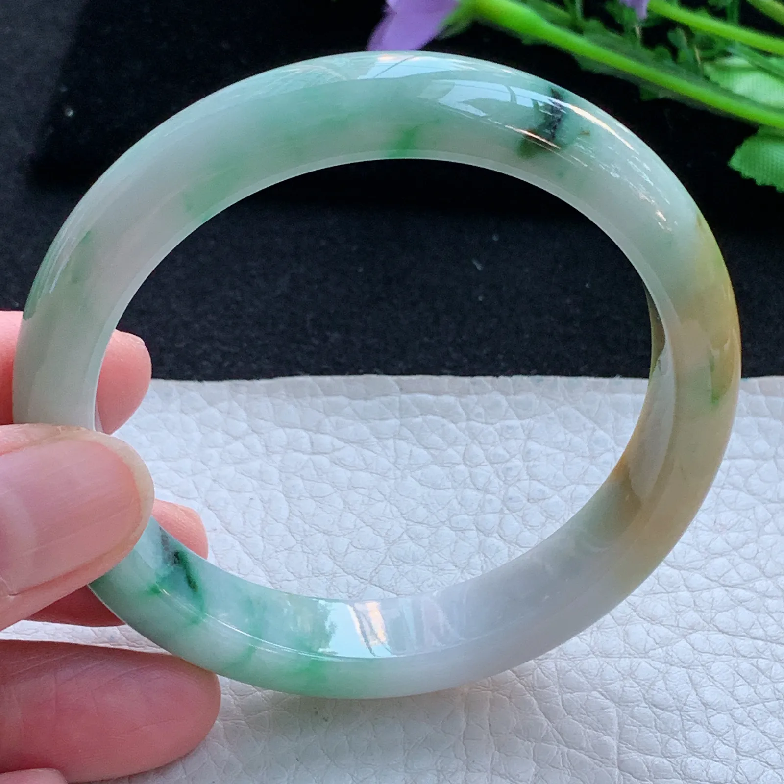 h自然光57.5*12*8平安镯 缅甸翡翠a货玉手镯三彩宽边玉手环