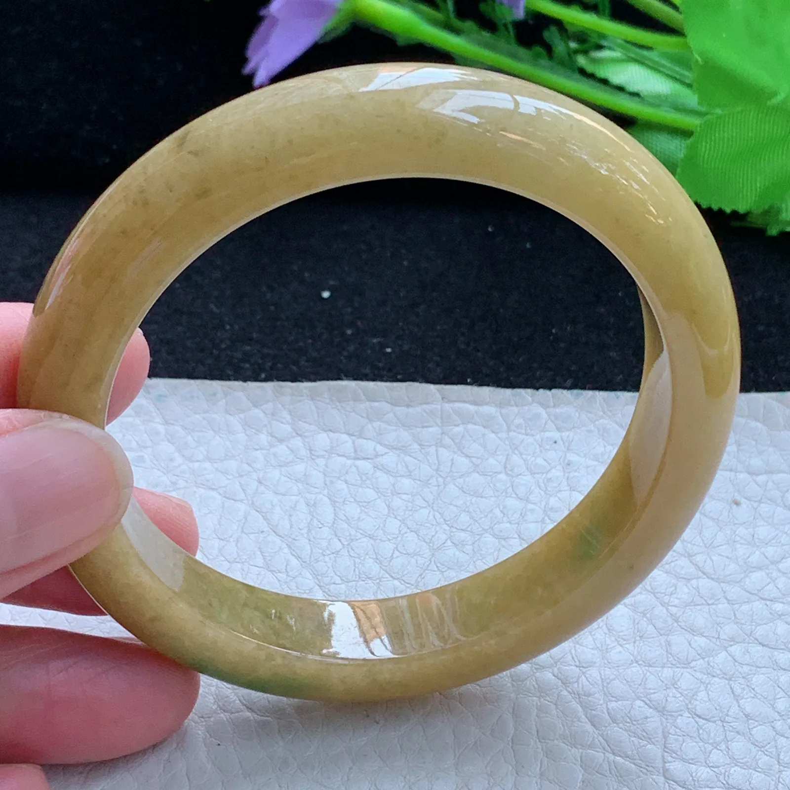 z自然光58*12*8.5平安镯 缅甸翡翠a货玉手镯黄加绿宽边珠宝玉手环