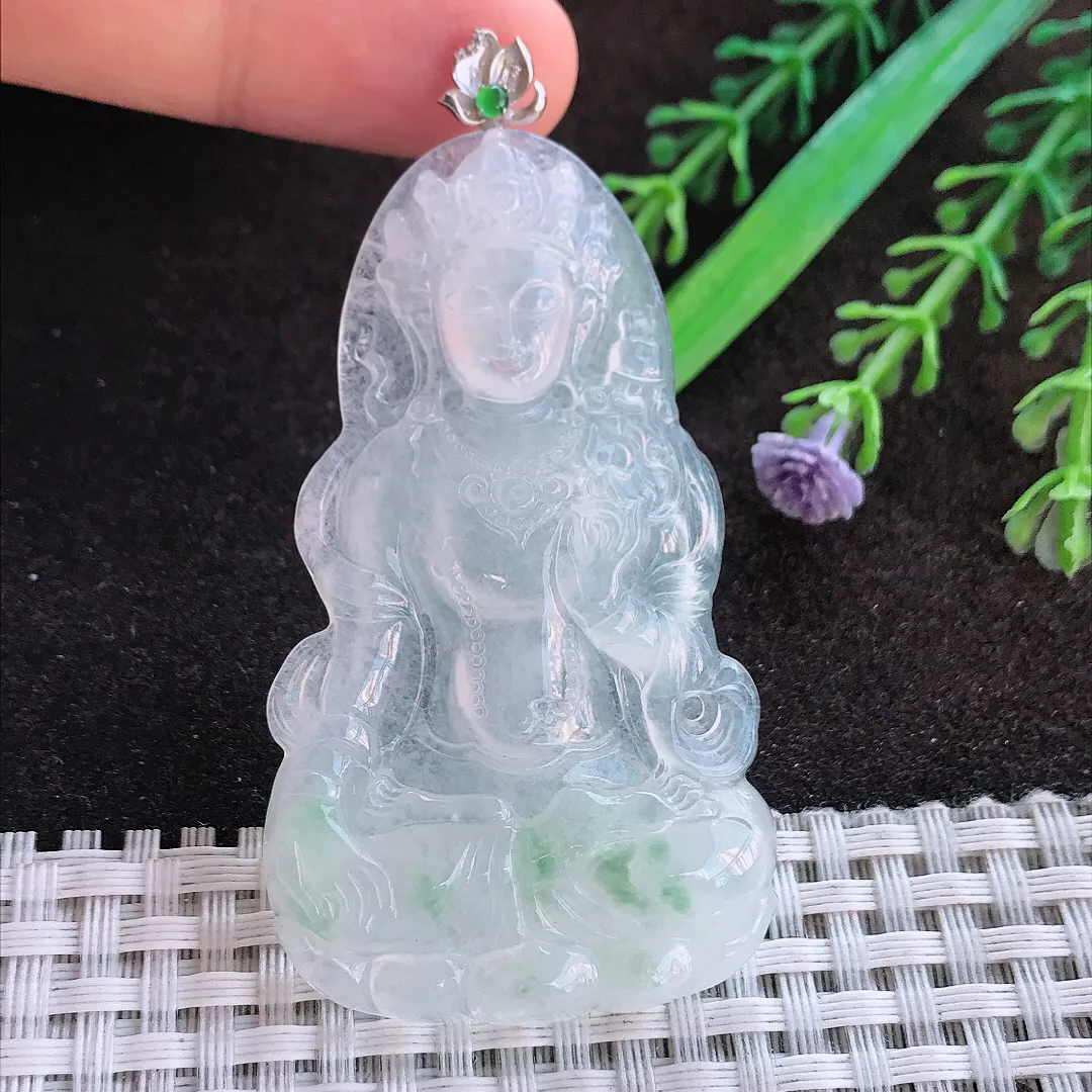 天然a货翡翠61.6/36.2/5.2老坑18k金镶嵌冰种起光渡母菩萨吊坠翡翠玉挂件