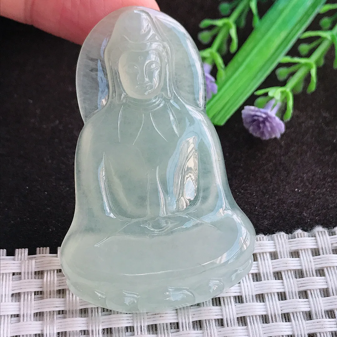 天然a货翡翠56/36.6/5.8老坑冰胶水灵冰晴素衣观音吊坠翡翠玉挂件