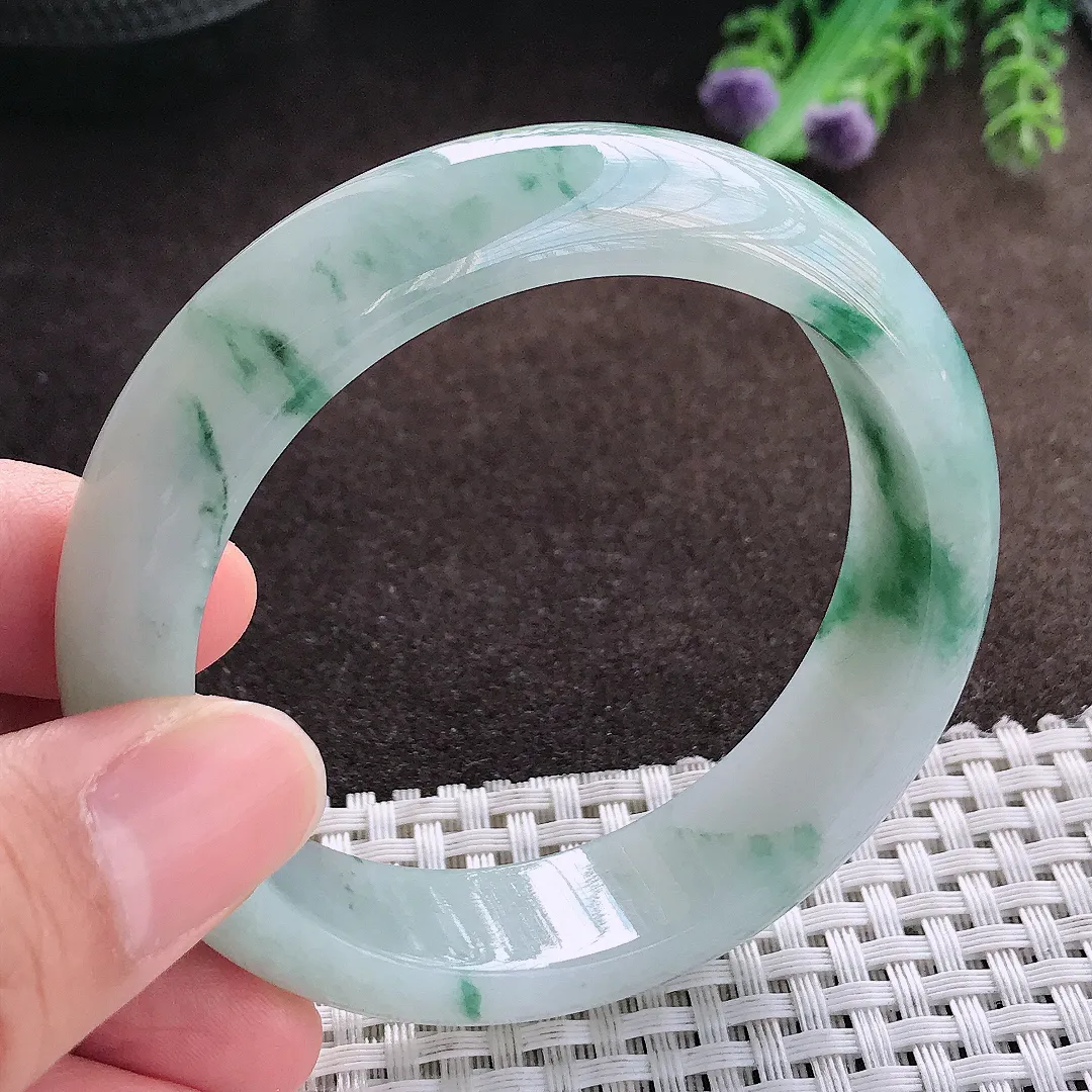 天然a货翡翠55.5/14.5/8.5老坑冰润水灵飘花手镯宽边玉手镯