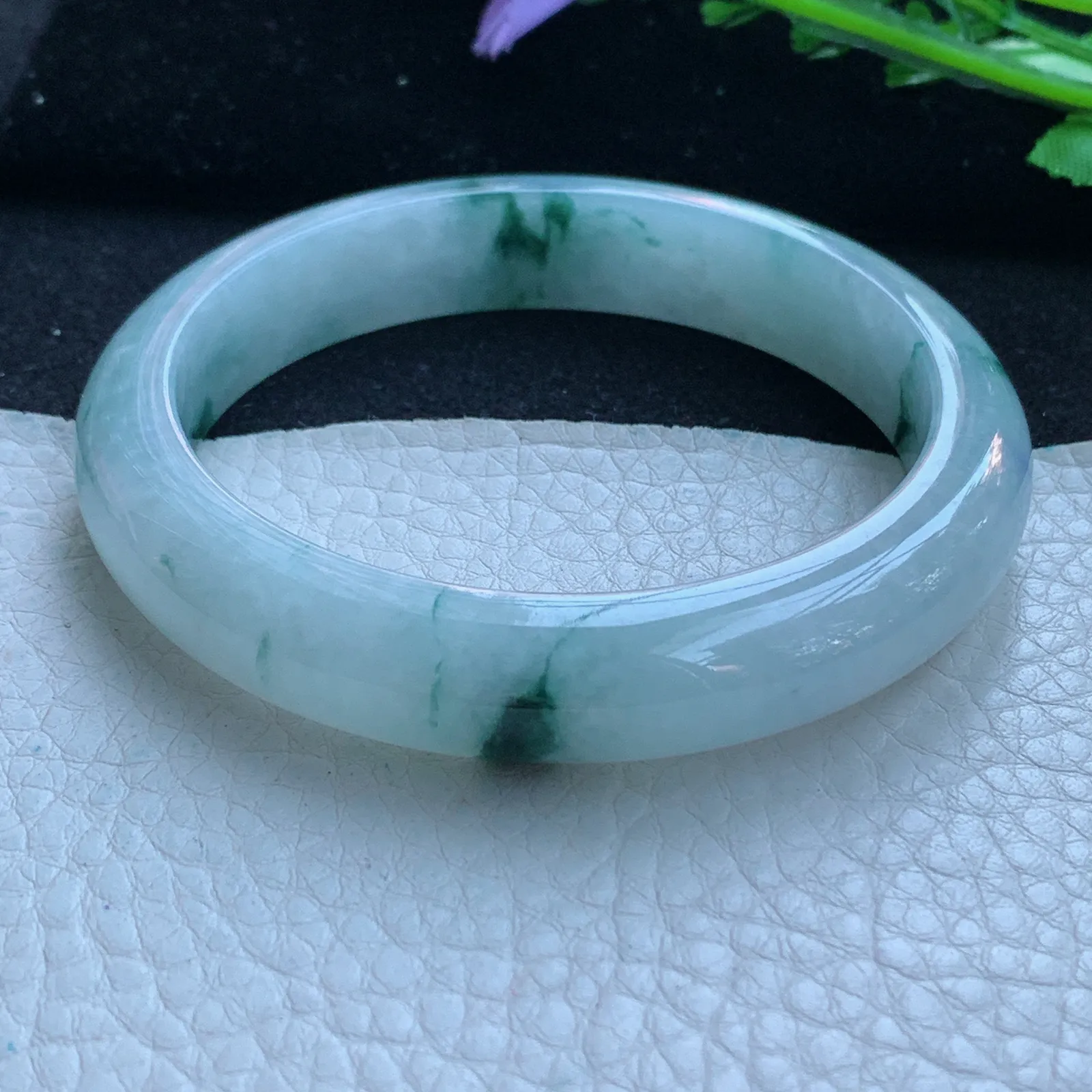 jx自然光58.5*12*8平安镯 缅甸翡翠a货玉手镯冰飘花宽边玉手环