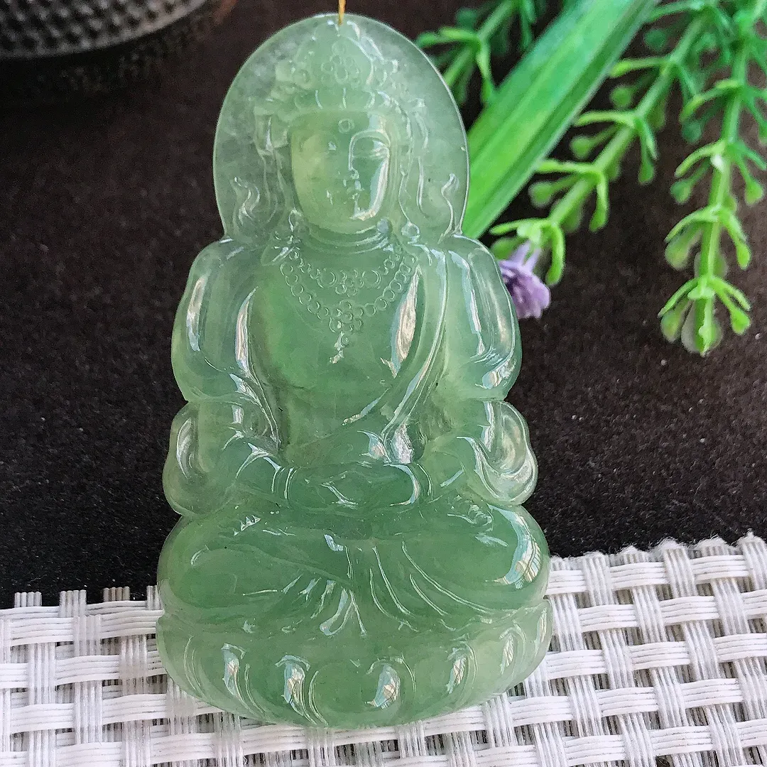 天然a货翡翠66/36.3/5.2老坑冰种果冻胶冰晴满绿渡母菩萨吊坠翡翠玉挂件