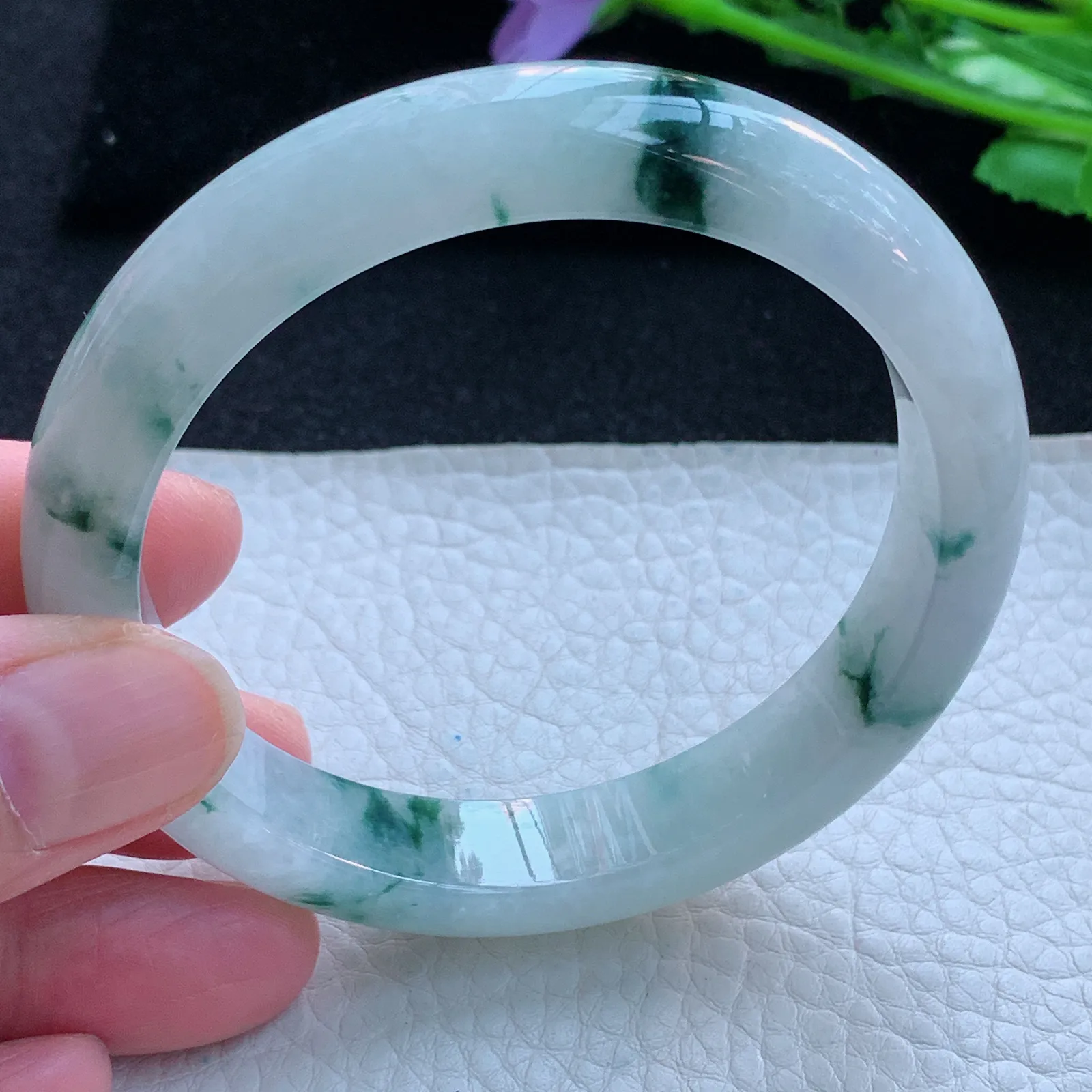 jx自然光58.5*12*8平安镯 缅甸翡翠a货玉手镯冰飘花宽边玉手环