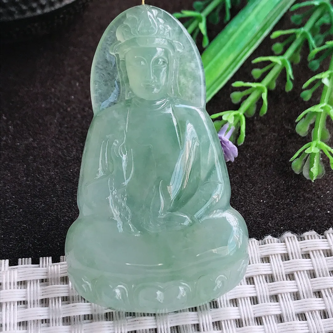 天然a货翡翠58.8/35.8/6.8老坑冰胶果冻冰晴绿素衣观音吊坠翡翠玉挂件