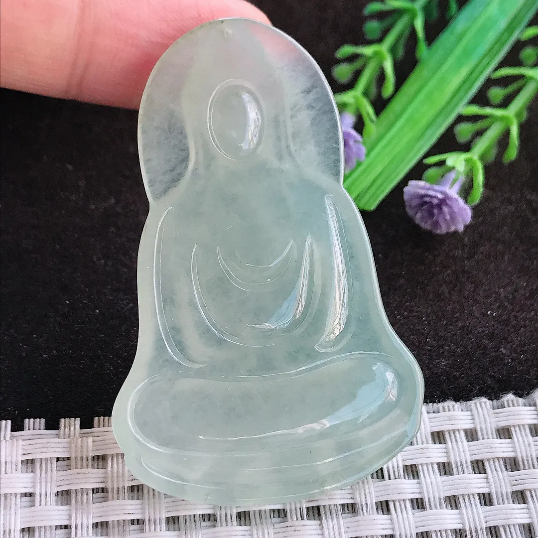 天然a货翡翠56/36.6/5.8老坑冰胶水灵冰晴素衣观音吊坠翡翠玉挂件