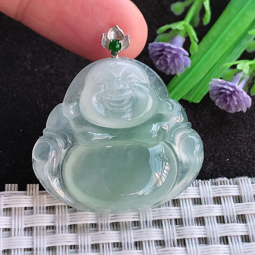 天然a货翡翠30.5/33.6/5.9老坑18k金镶嵌冰种起胶冰晴绿佛公吊坠翡翠玉挂件