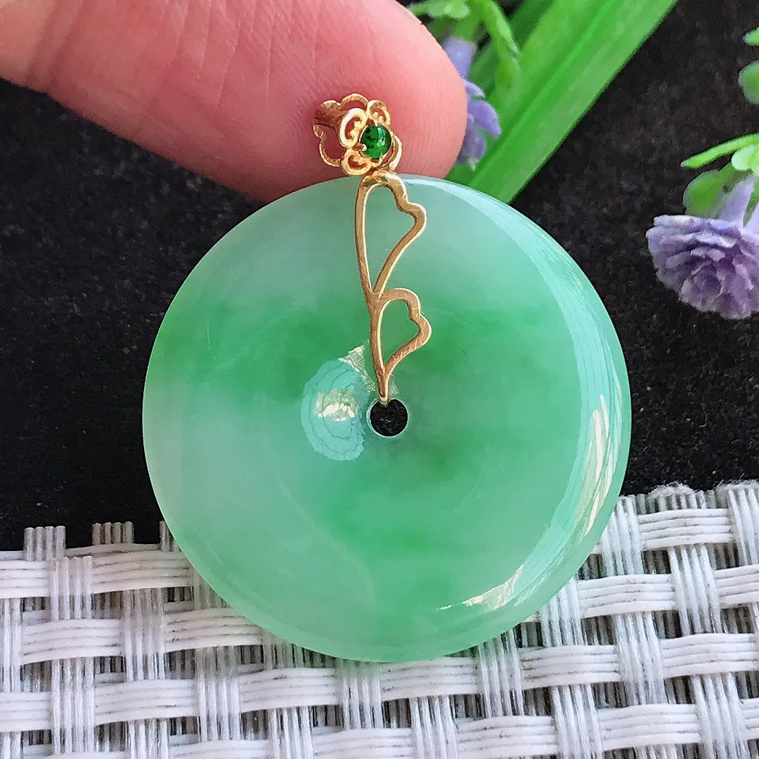天然a货翡翠28.6/3.9老坑18k金镶嵌冰胶苹果绿平安扣吊坠翡翠玉挂件