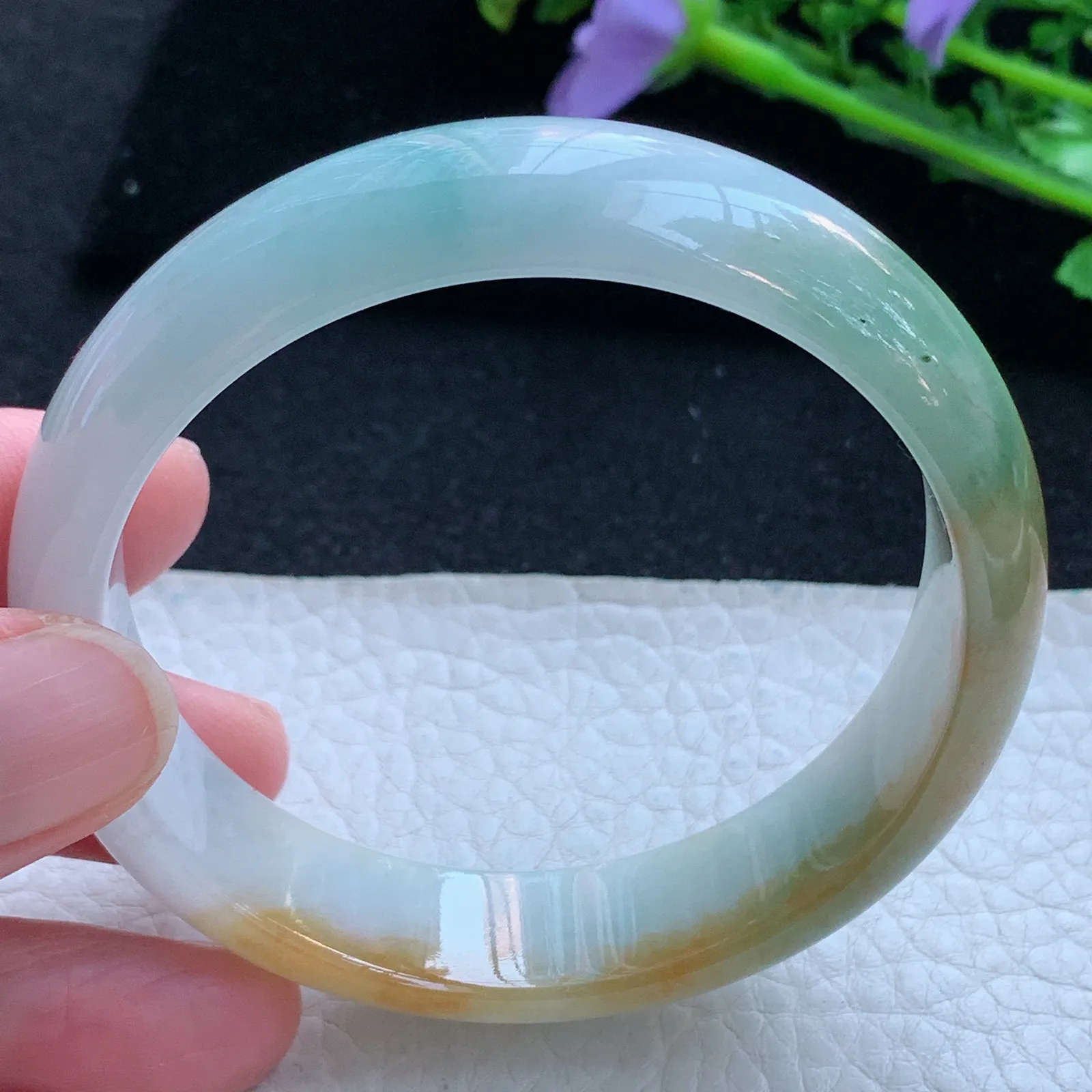 h自然光58*15.2*7轮胎镯 缅甸翡翠a货玉手镯冰三彩宽边玉手环