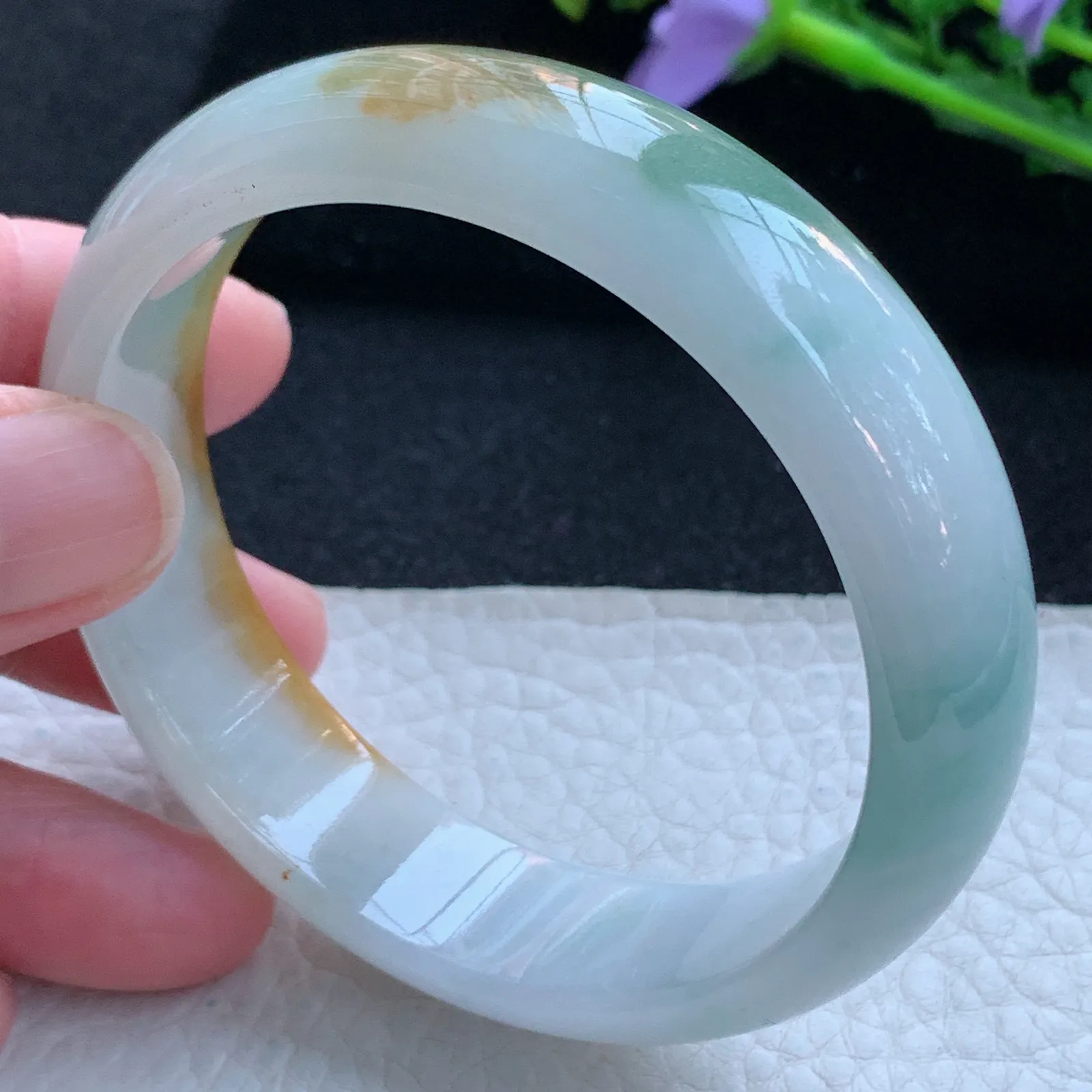 h自然光58*15.2*7轮胎镯 缅甸翡翠a货玉手镯冰三彩宽边玉手环
