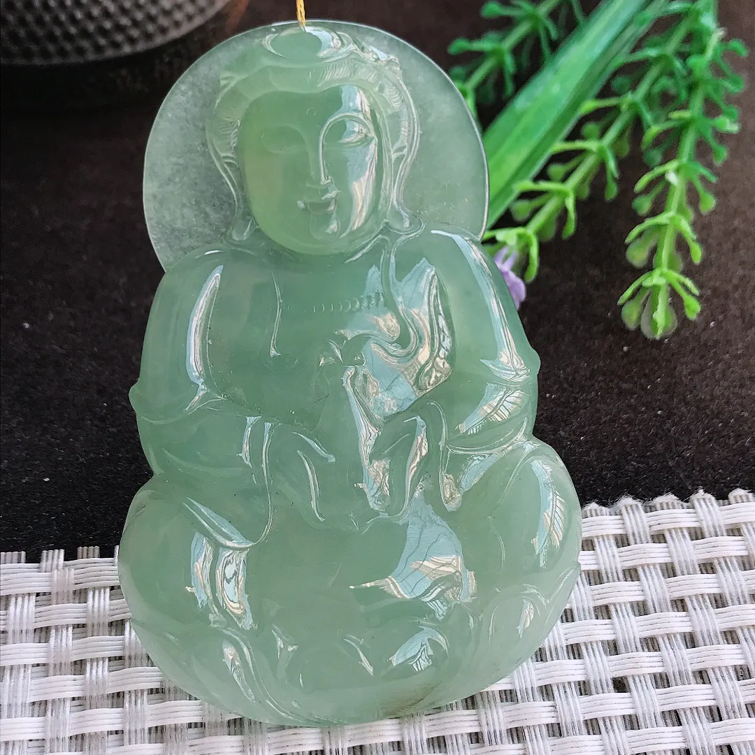 天然a货翡翠73.5/49/8.8老坑冰润起胶满绿观音吊坠翡翠玉挂件