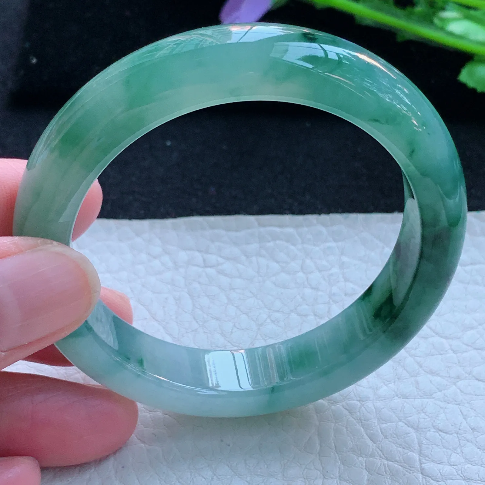 xh自然光53*12.5*8.4平安镯 缅甸翡翠a货玉手镯冰飘花宽边玉手环