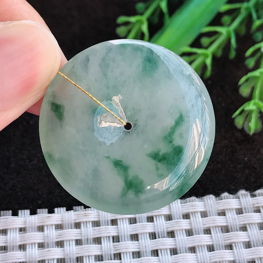 天然a货翡翠33.8/6老坑冰胶水灵飘花平安扣吊坠翡翠玉挂件