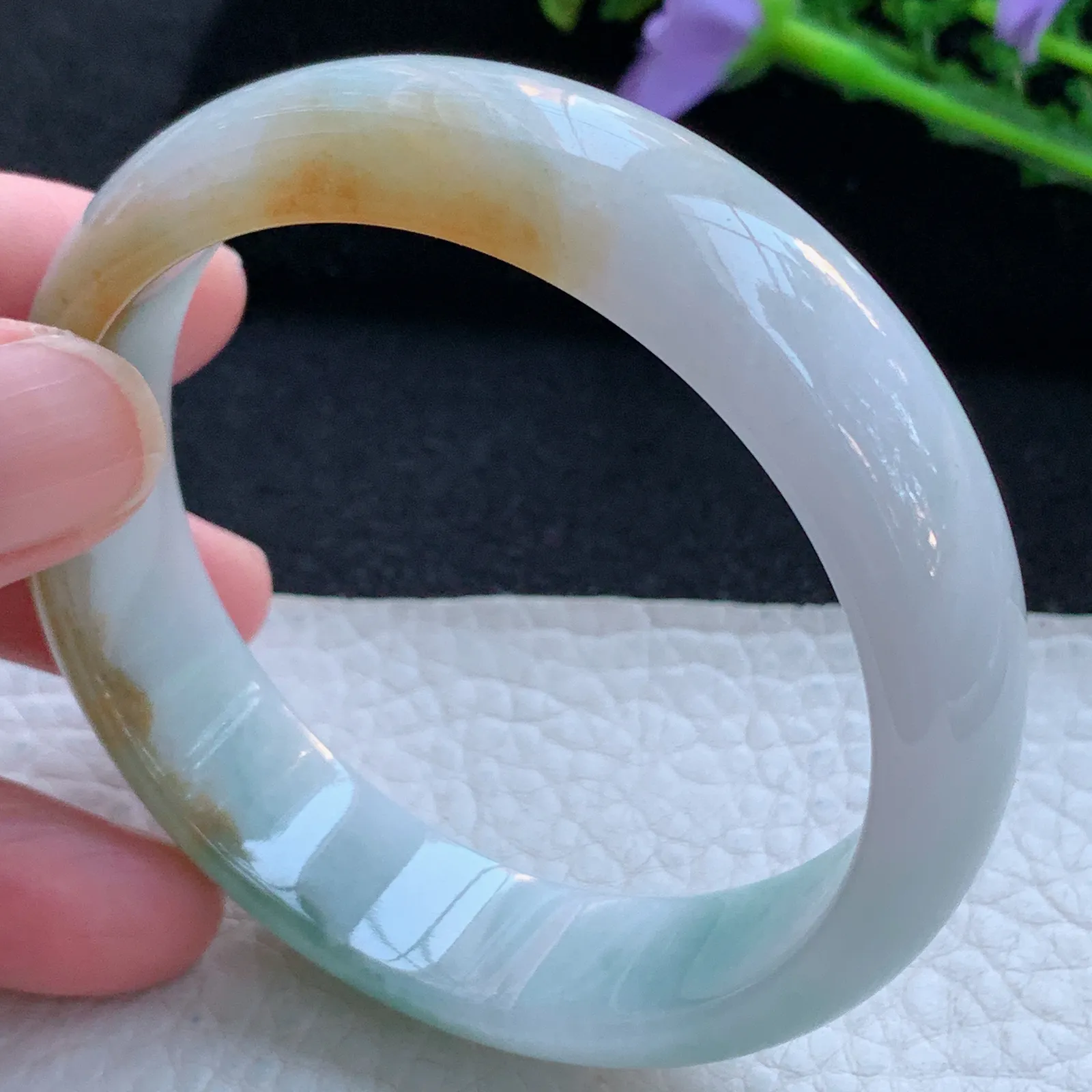 h自然光58*15.2*7轮胎镯 缅甸翡翠a货玉手镯冰三彩宽边玉手环