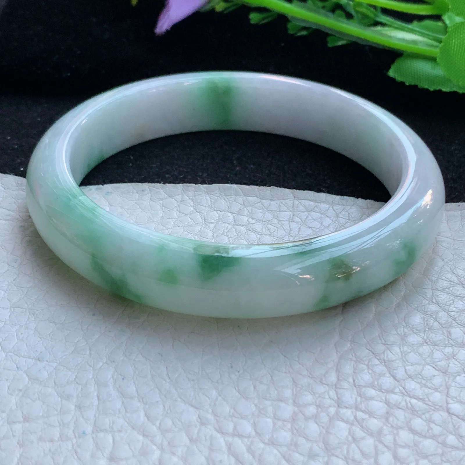 yh大圈口61*12.8*8.5平安镯 缅甸翡翠a货玉手镯飘花宽边玉手环