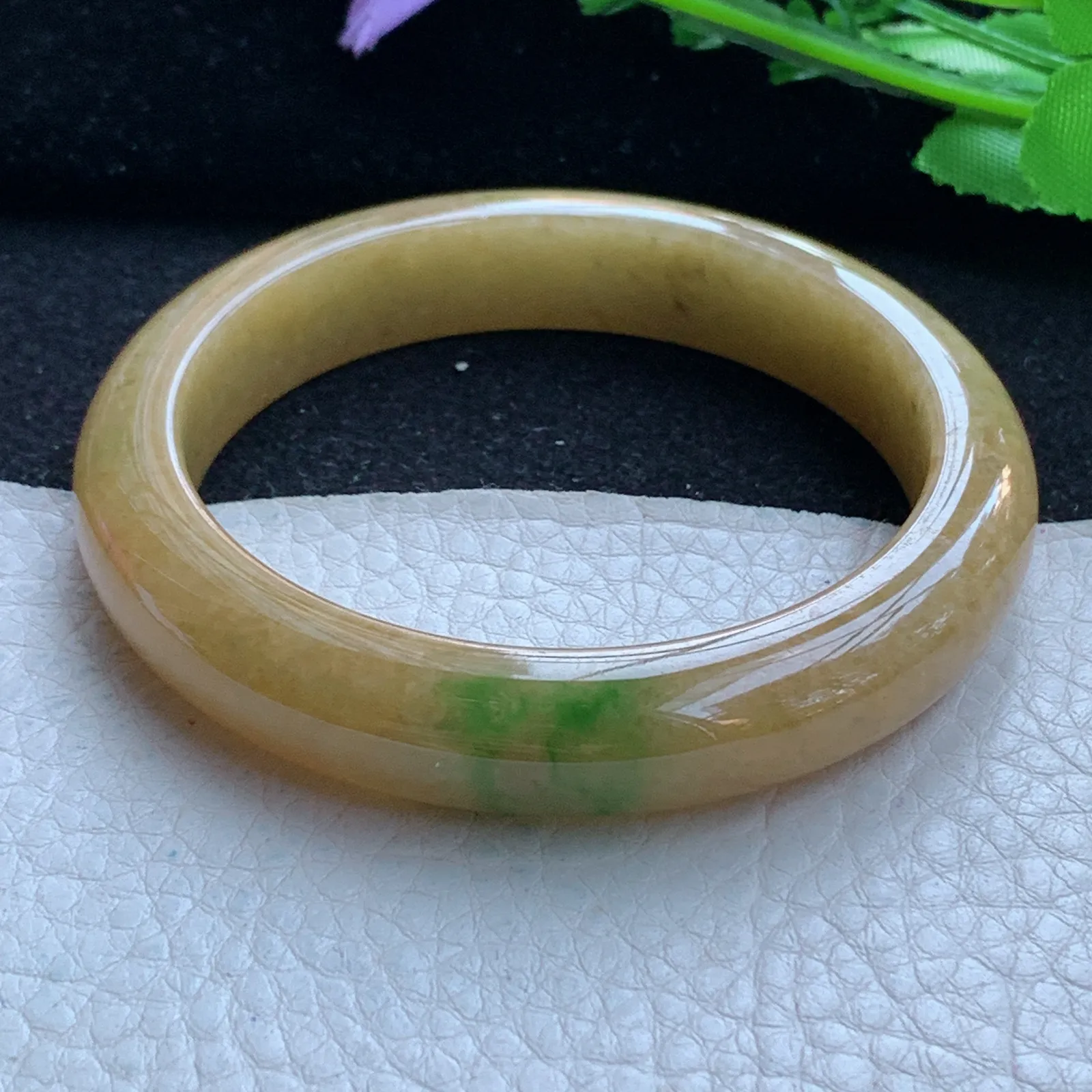 z自然光58*12*8.5平安镯 缅甸翡翠a货玉手镯黄加绿宽边珠宝玉手环