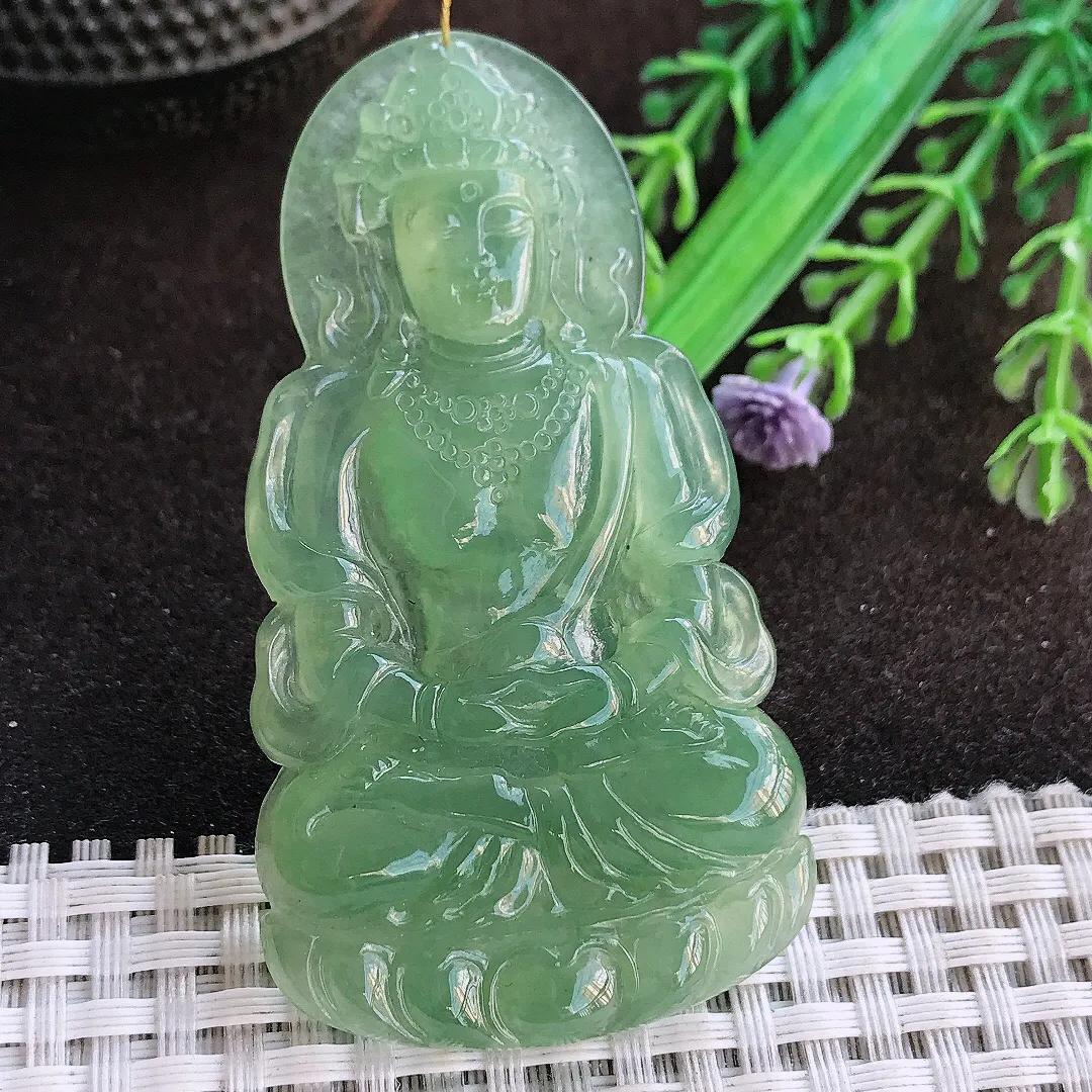 天然a货翡翠66/36.3/5.2老坑冰种果冻胶冰晴满绿渡母菩萨吊坠翡翠玉挂件