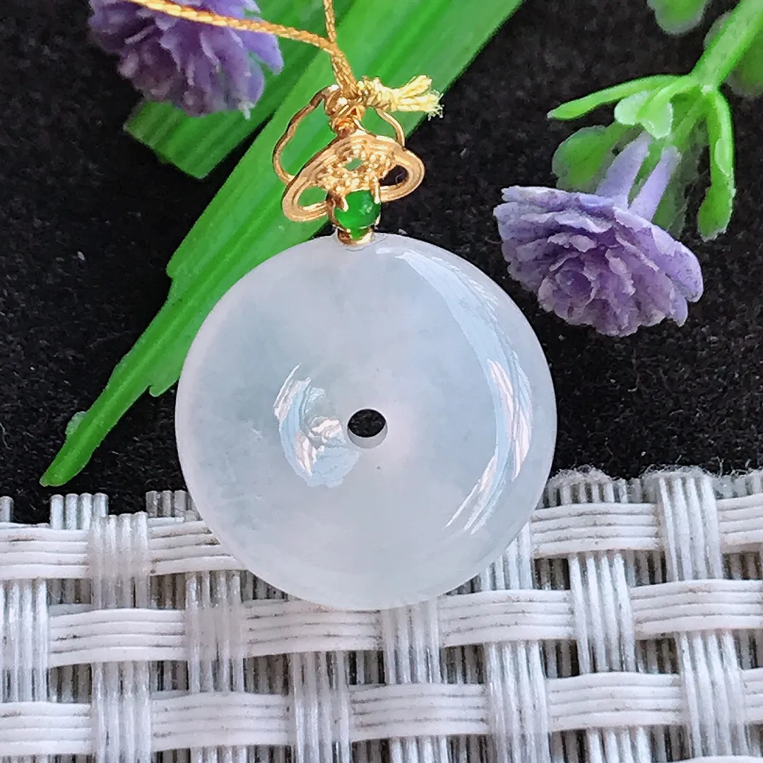 天然a货翡翠16/5.5老坑18k金镶嵌冰胶水灵小平安扣吊坠翡翠玉挂件