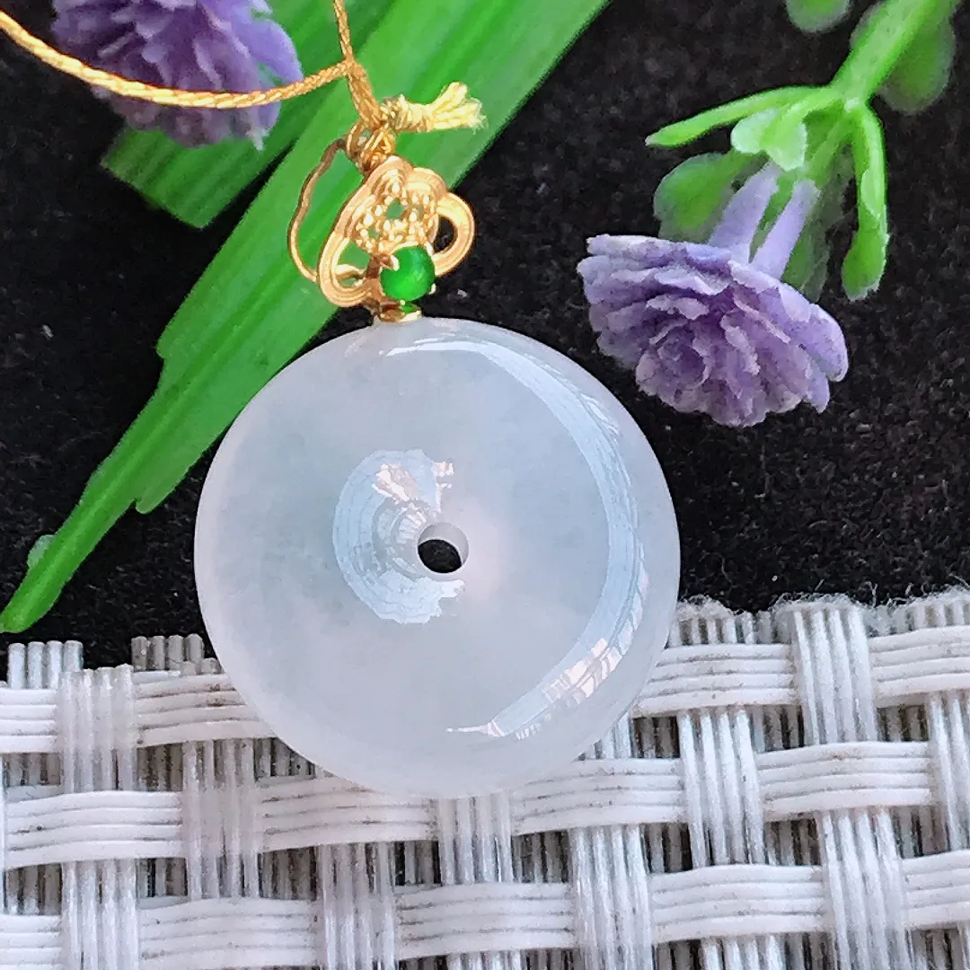 天然a货翡翠16/5.5老坑18k金镶嵌冰胶水灵小平安扣吊坠翡翠玉挂件