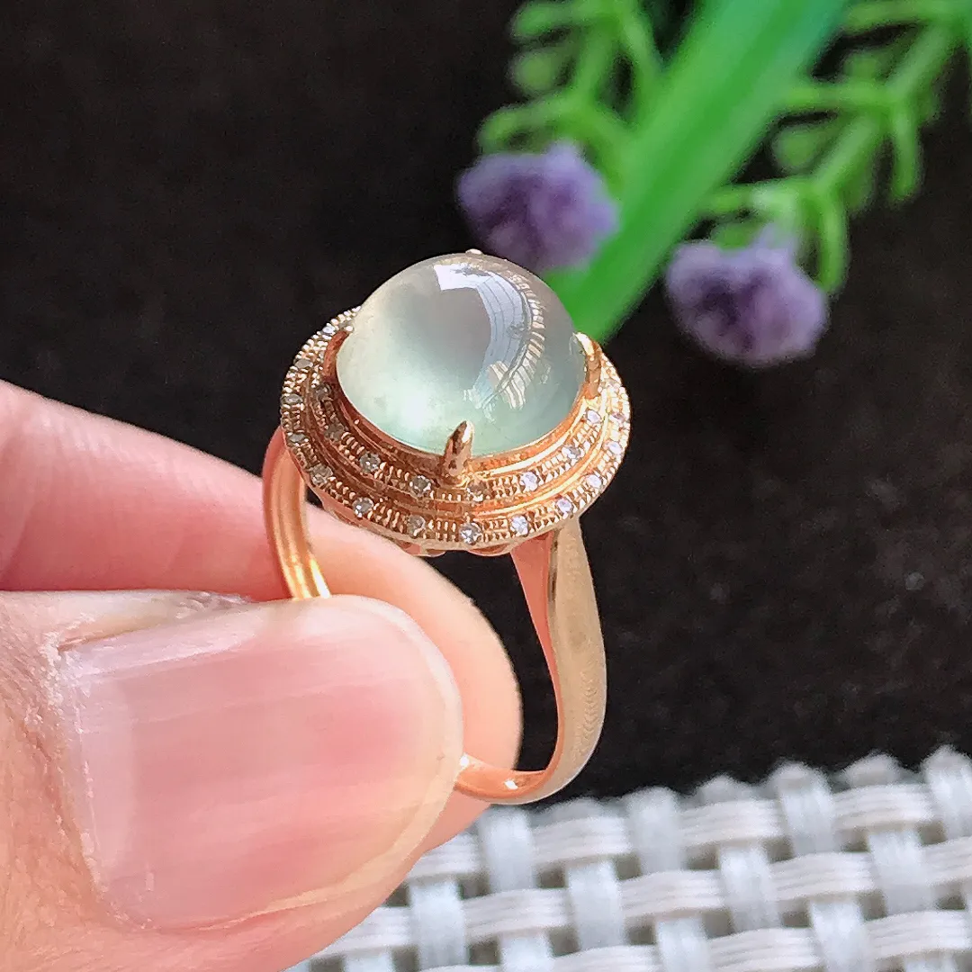 天然a货翡翠17.1/14/9.5老坑18k金镶嵌冰种起光戒指女款翡翠玉女戒