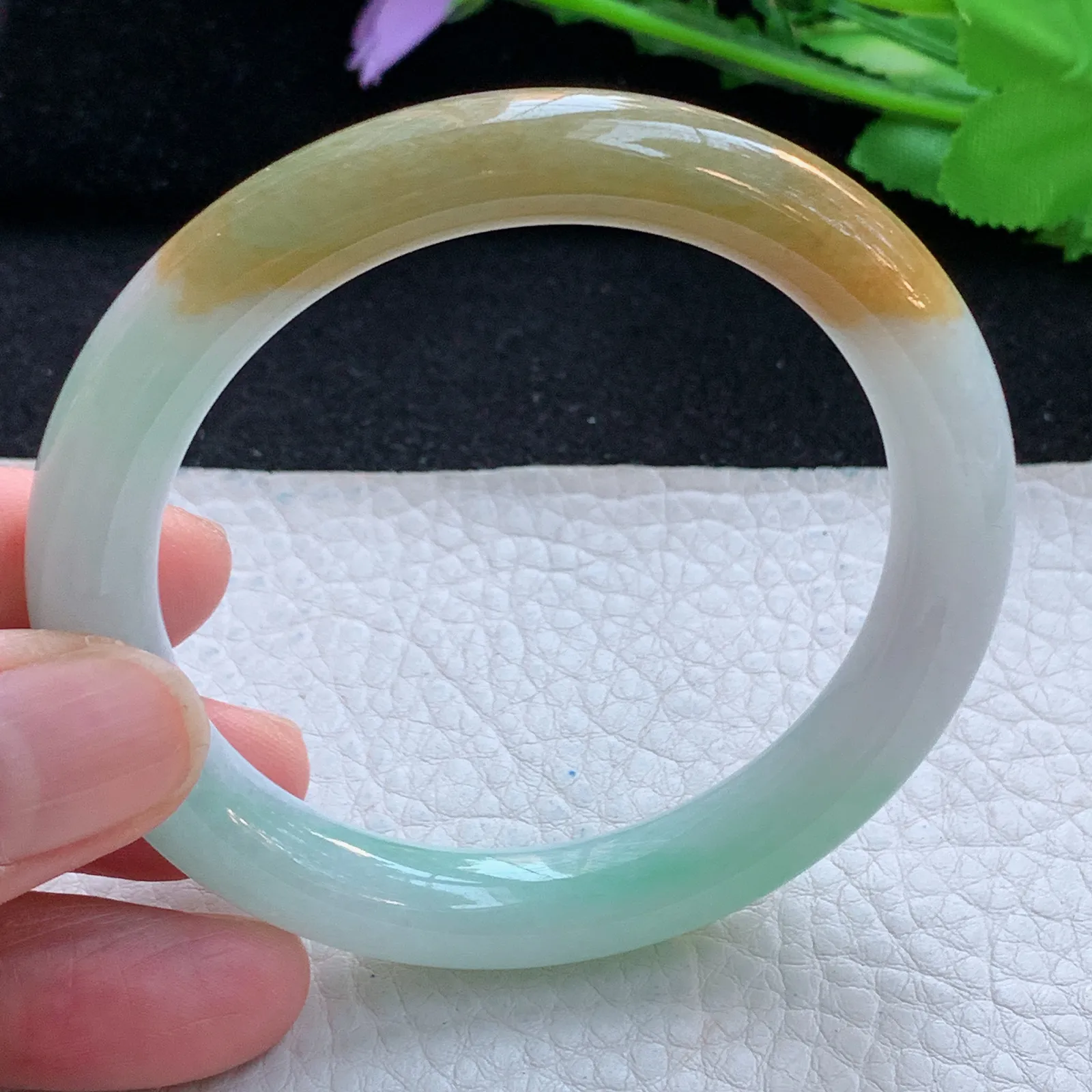 mq自然光54.5*9.5*9美人镯 缅甸翡翠a货玉手镯三彩圆条珠宝玉手环