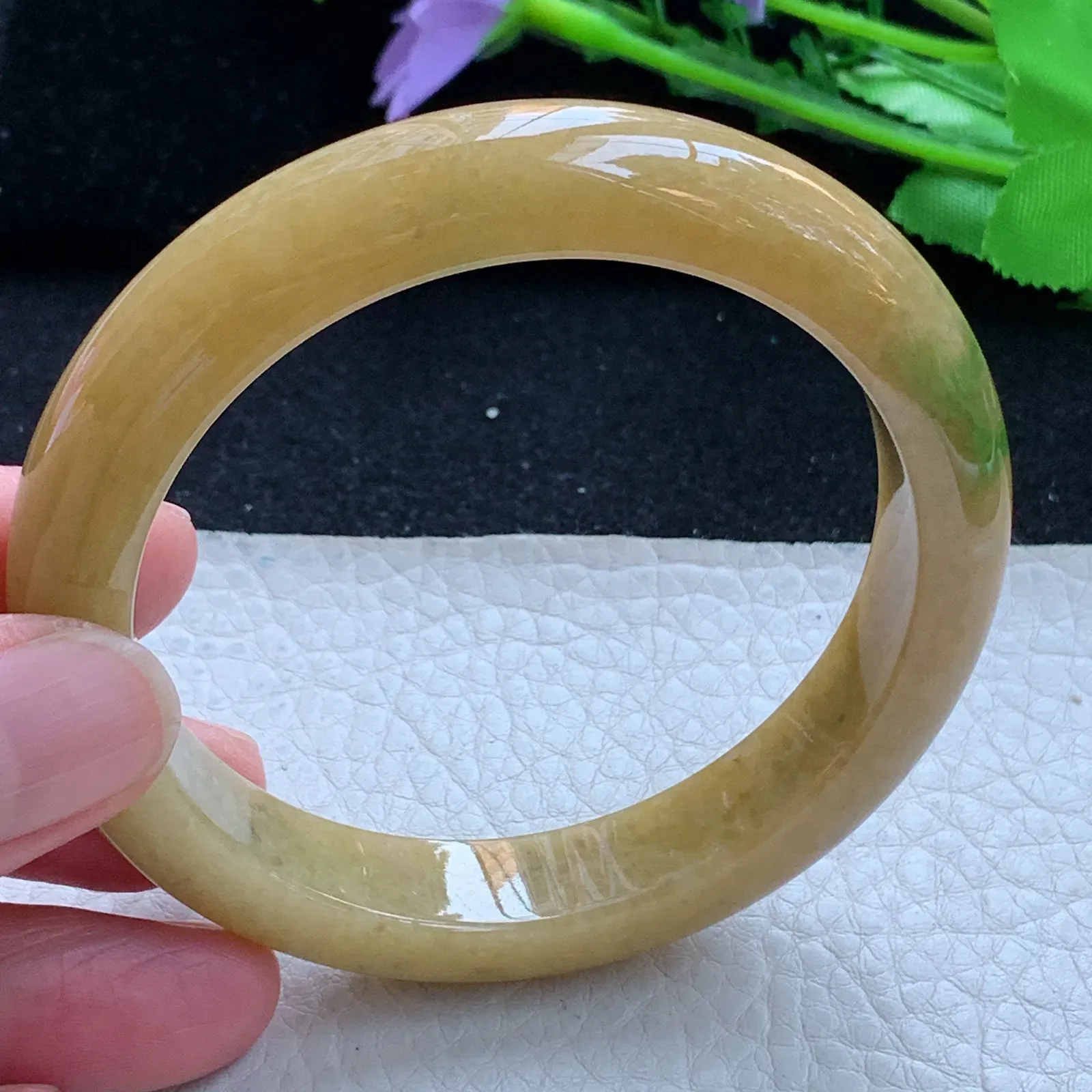 z自然光58*12*8.5平安镯 缅甸翡翠a货玉手镯黄加绿宽边珠宝玉手环