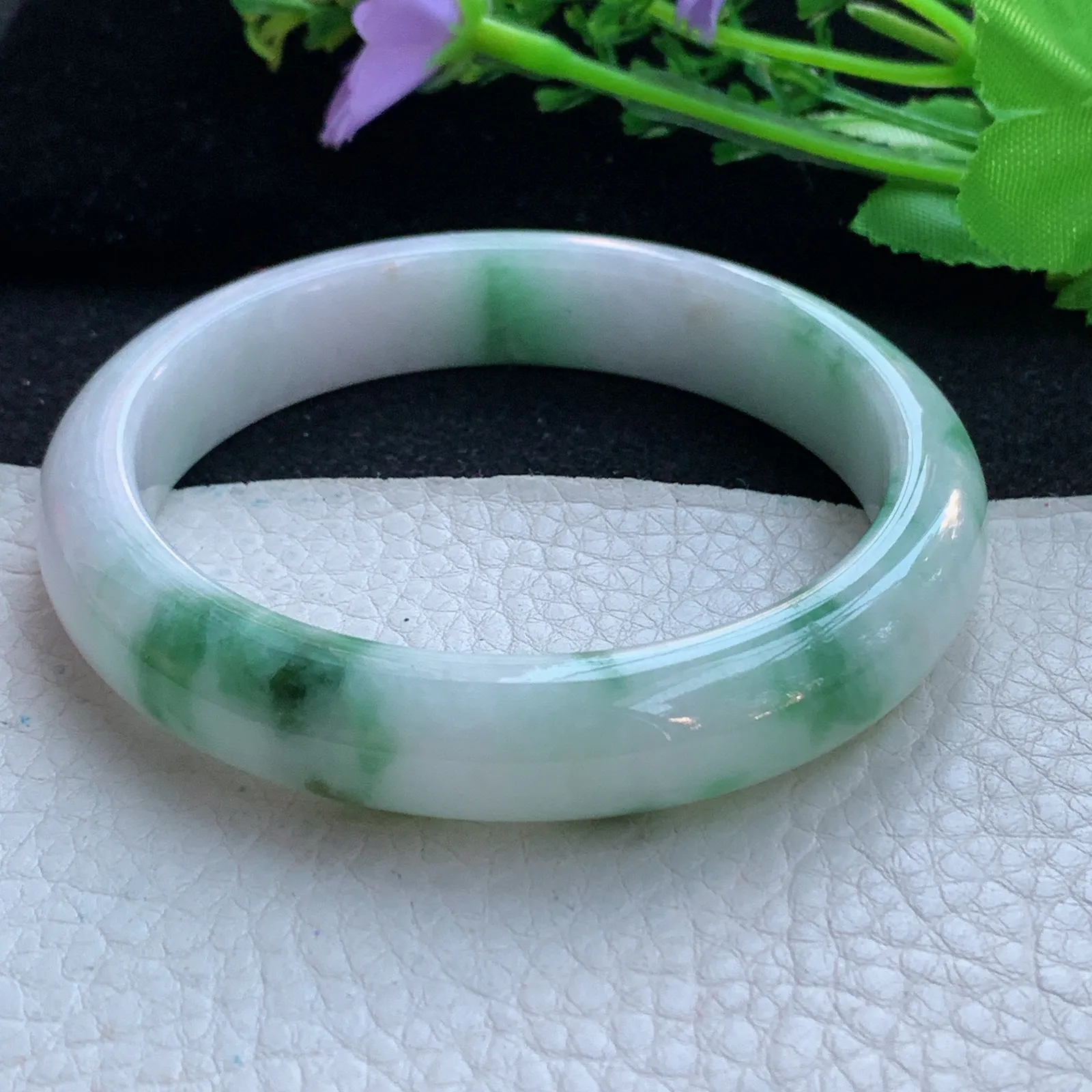 yh大圈口61*12.8*8.5平安镯 缅甸翡翠a货玉手镯飘花宽边玉手环