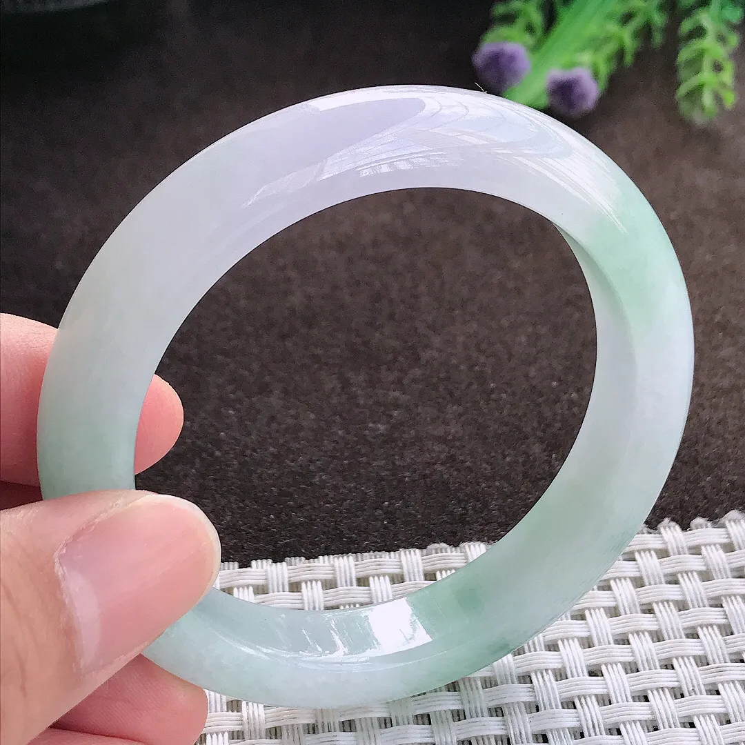 天然a货翡翠53.5/11.4/8.4老坑冰胶水灵飘花手镯宽边玉手镯