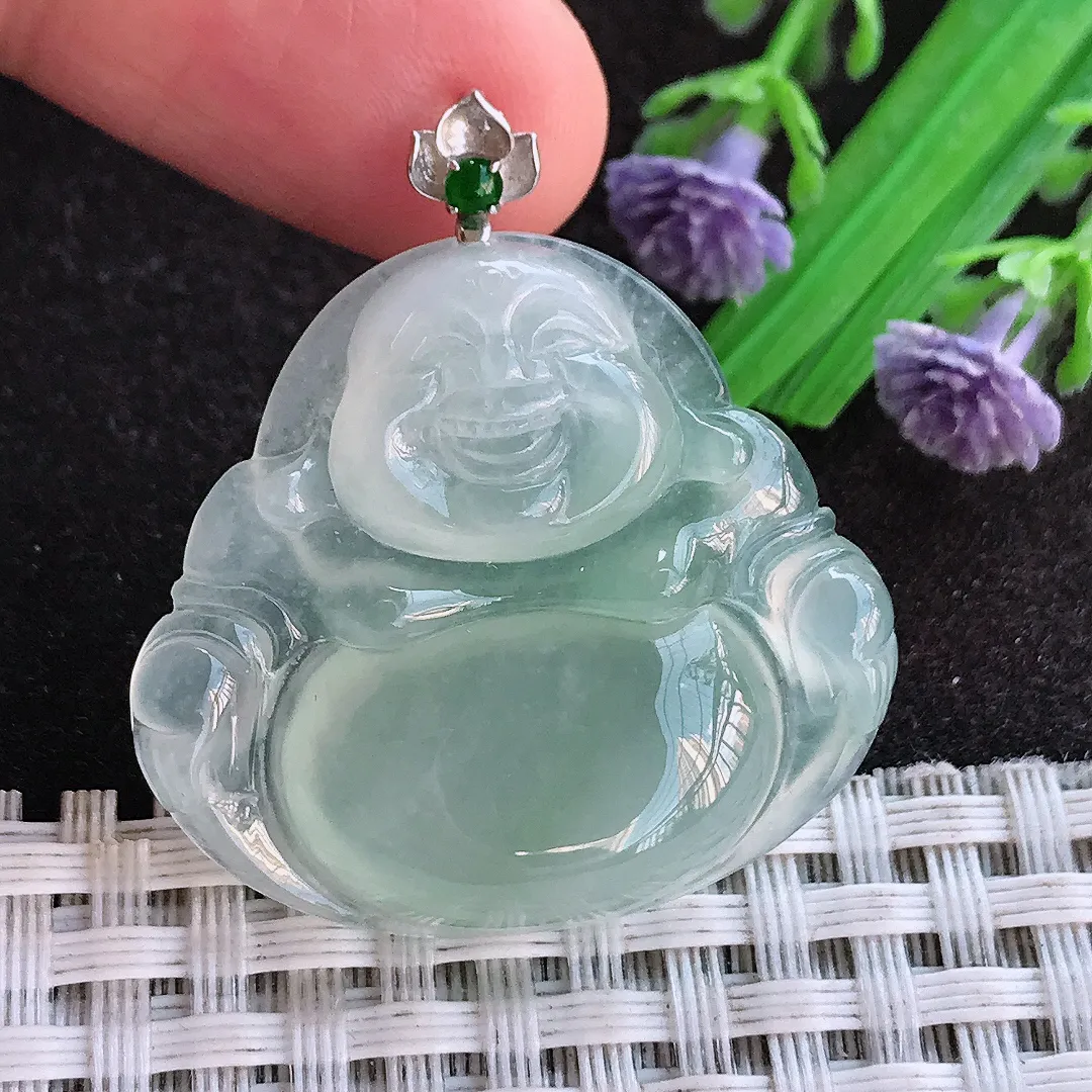 天然a货翡翠30.5/33.6/5.9老坑18k金镶嵌冰种起胶冰晴绿佛公吊坠翡翠玉挂件